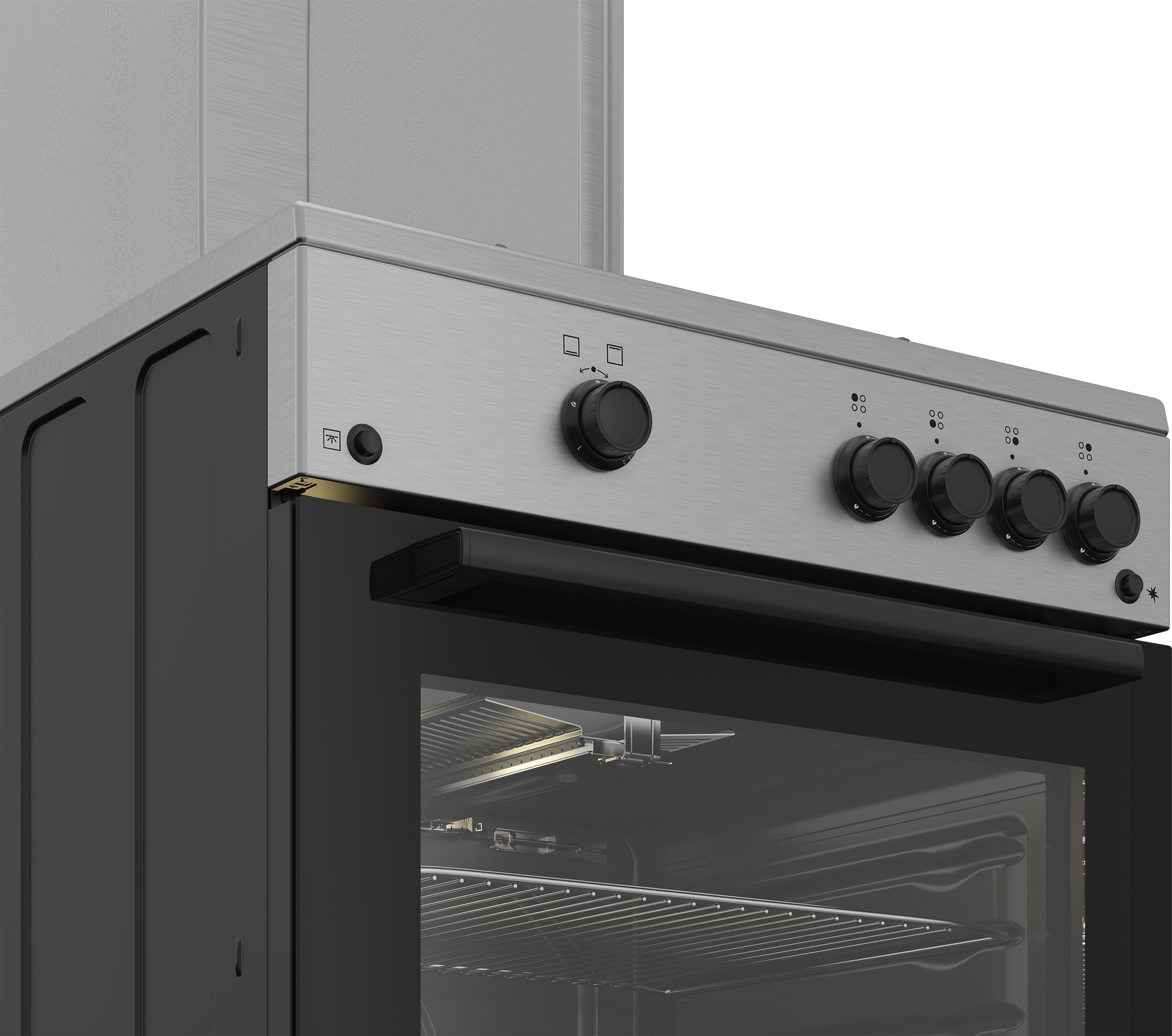 Forno in acciaio inossidabile con manopole. La porta del forno è nera e aperta, con una griglia interna. La parte superiore è in acciaio.