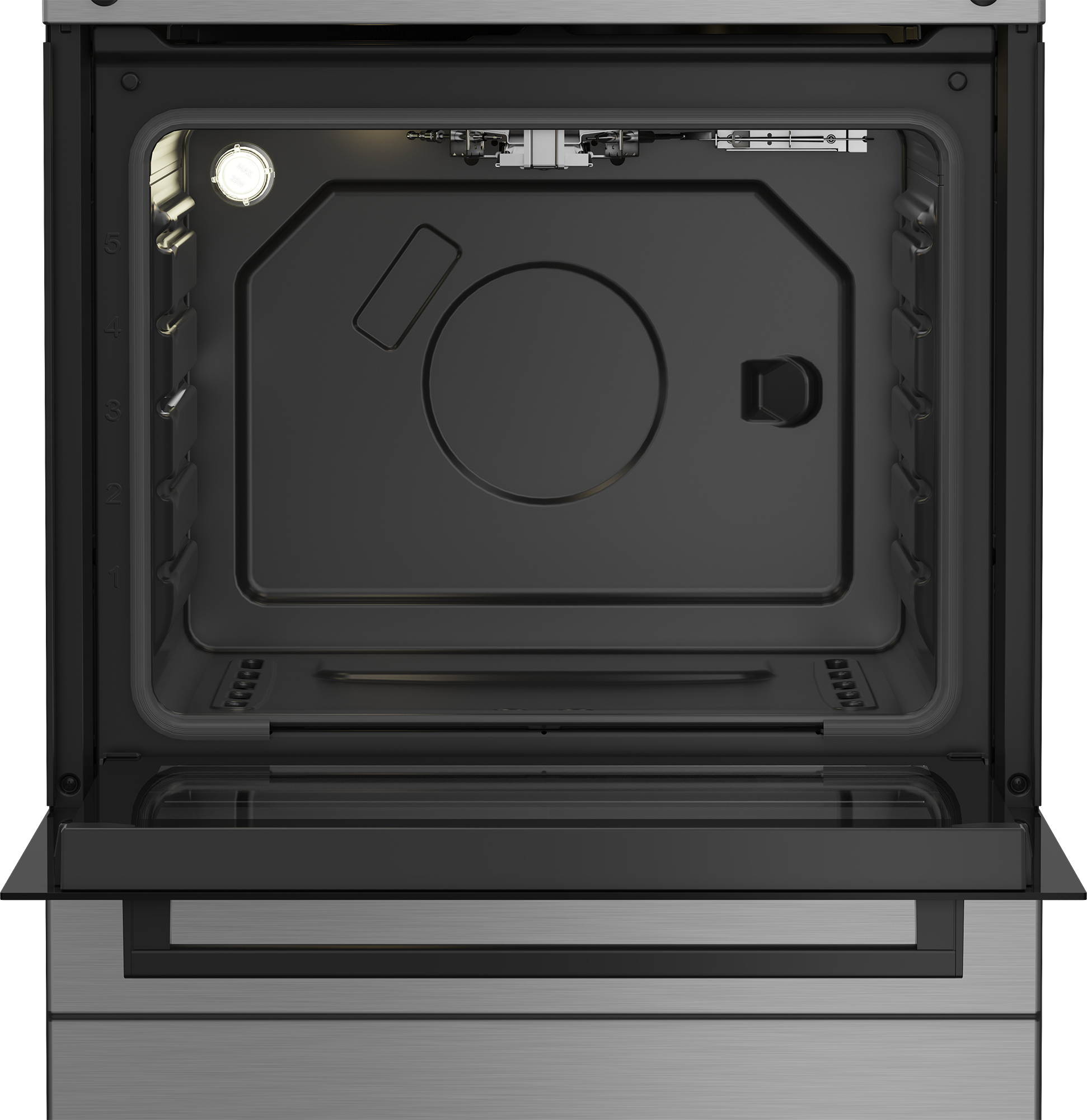 Un forno aperto. L'interno è nero con una luce. L'esterno è in metallo con una porta a vetro.