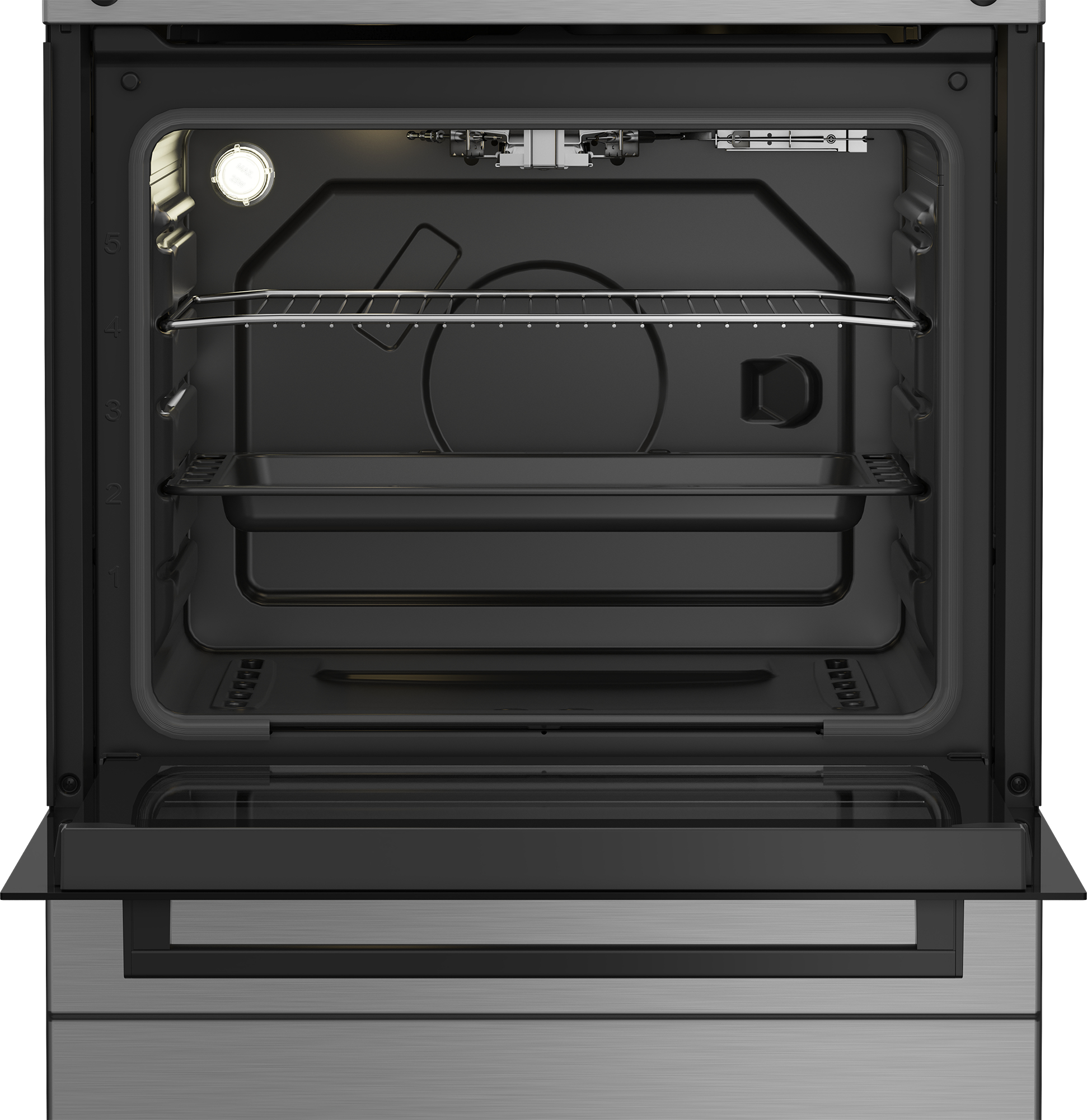 Un forno aperto. All'interno ci sono ripiani, una teglia e una luce. La porta è aperta.