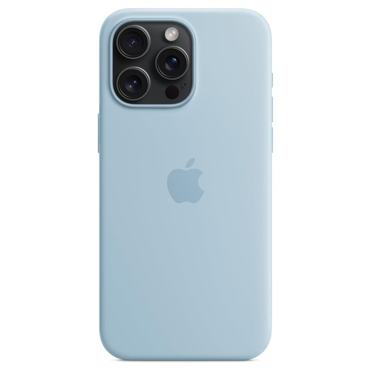 Een lichtblauwe iPhone met een drievoudige lenscamera en een Apple-logo. De telefoon zit in een beschermhoes.