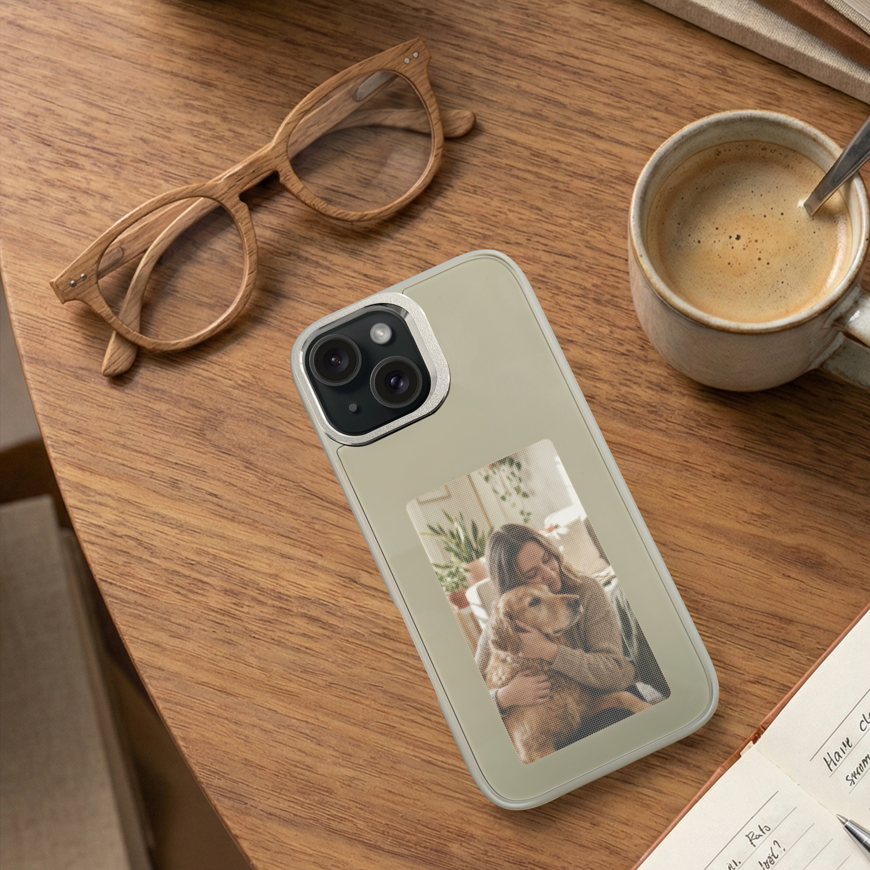Wooden table with phone case showing woman hugging dog, glasses, coffee, and notebook.