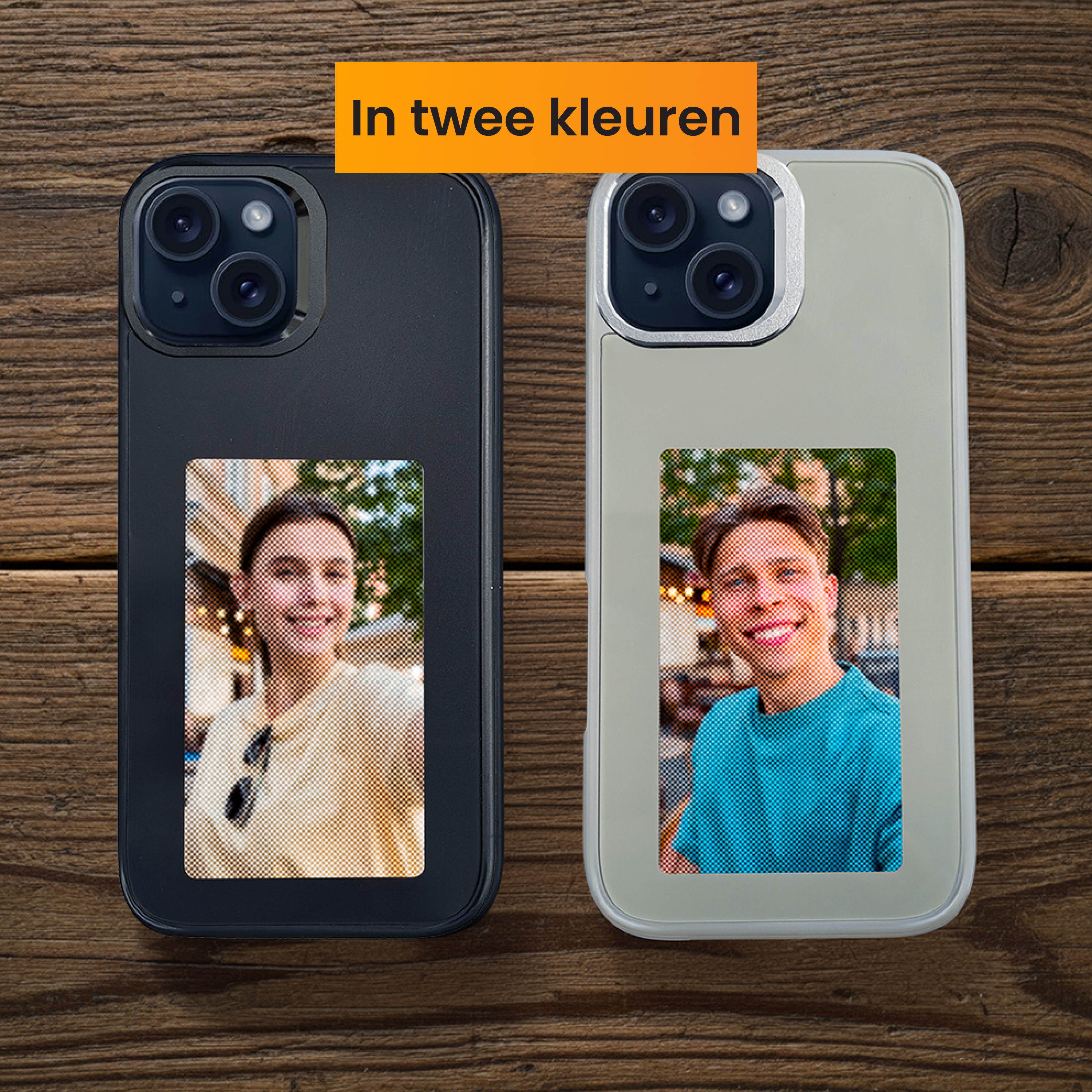 Two phones on wood, black and white. Each has a photo of a person. Text on top says "In two colors".
