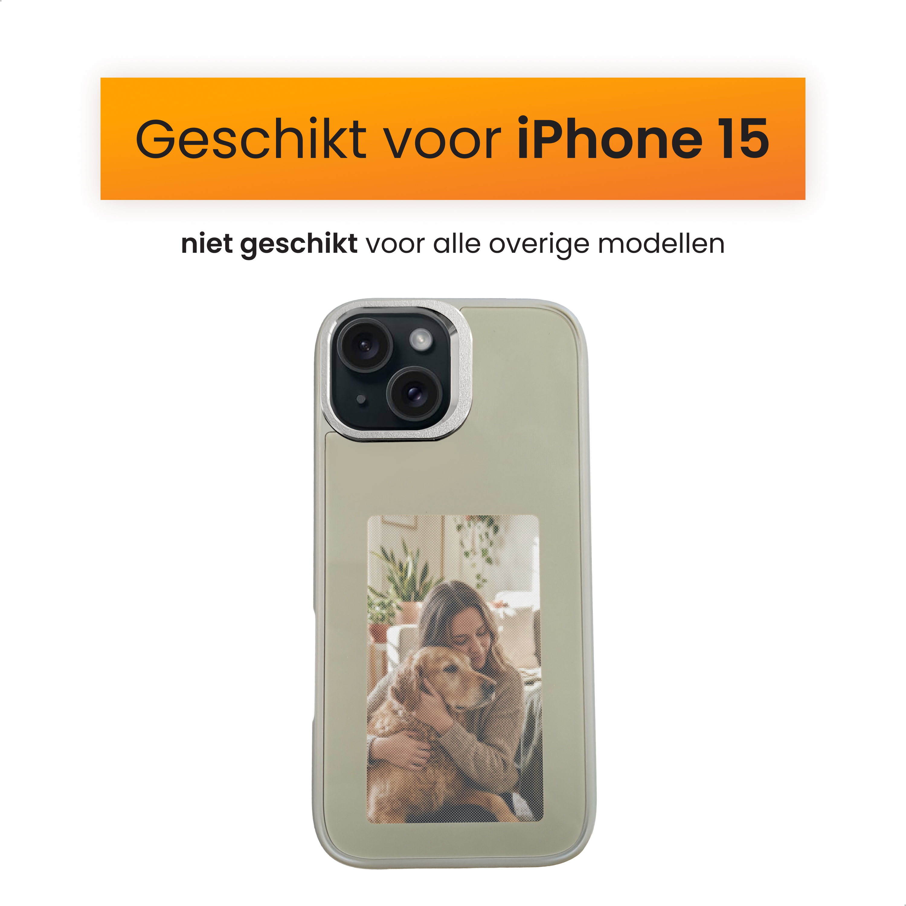 Phone case for iPhone 15 with a woman hugging a golden retriever. Text at the top says: 'Suitable for iPhone 15'.