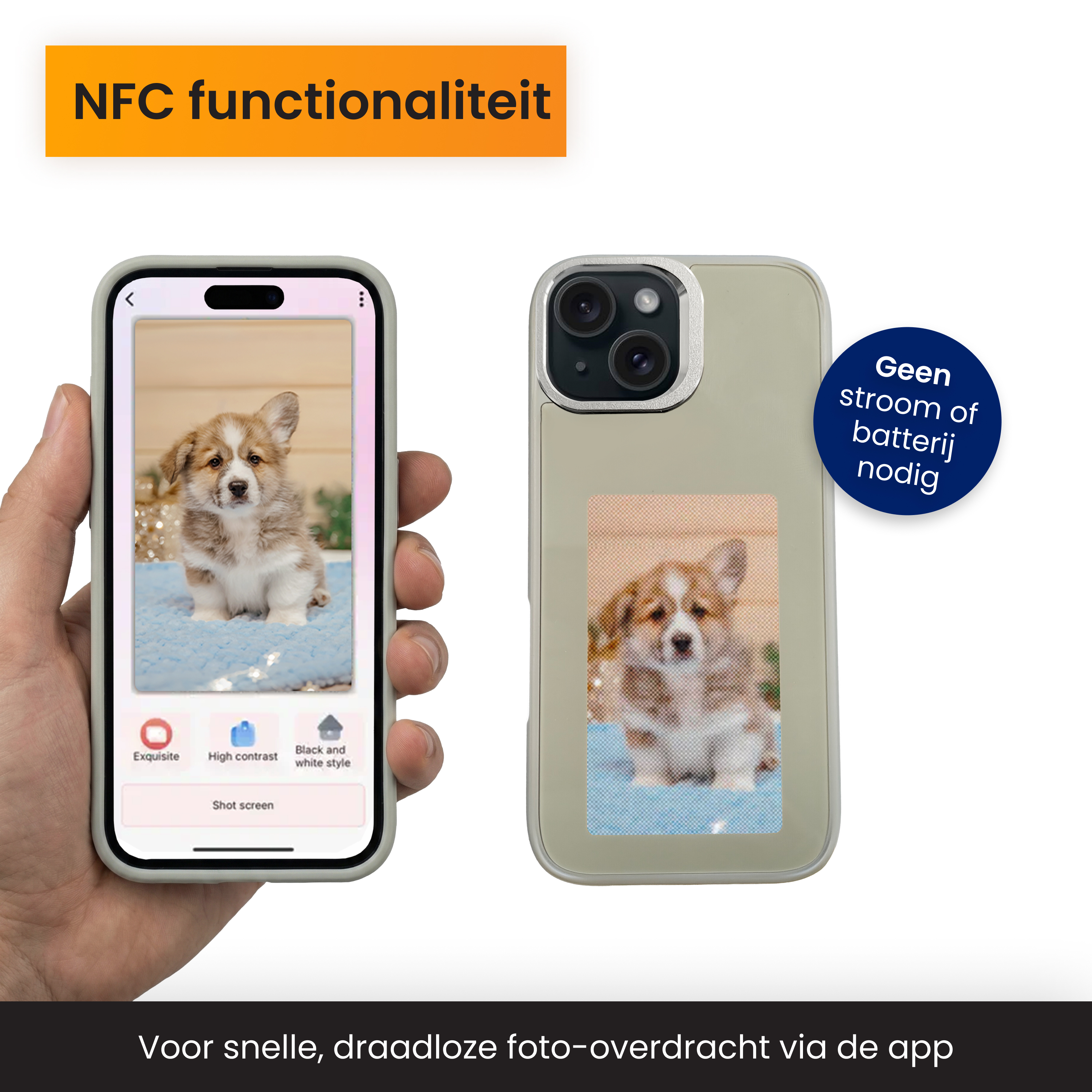 A hand holds a phone displaying a corgi puppy. Beside it is a phone case with the same image. Text on the top.