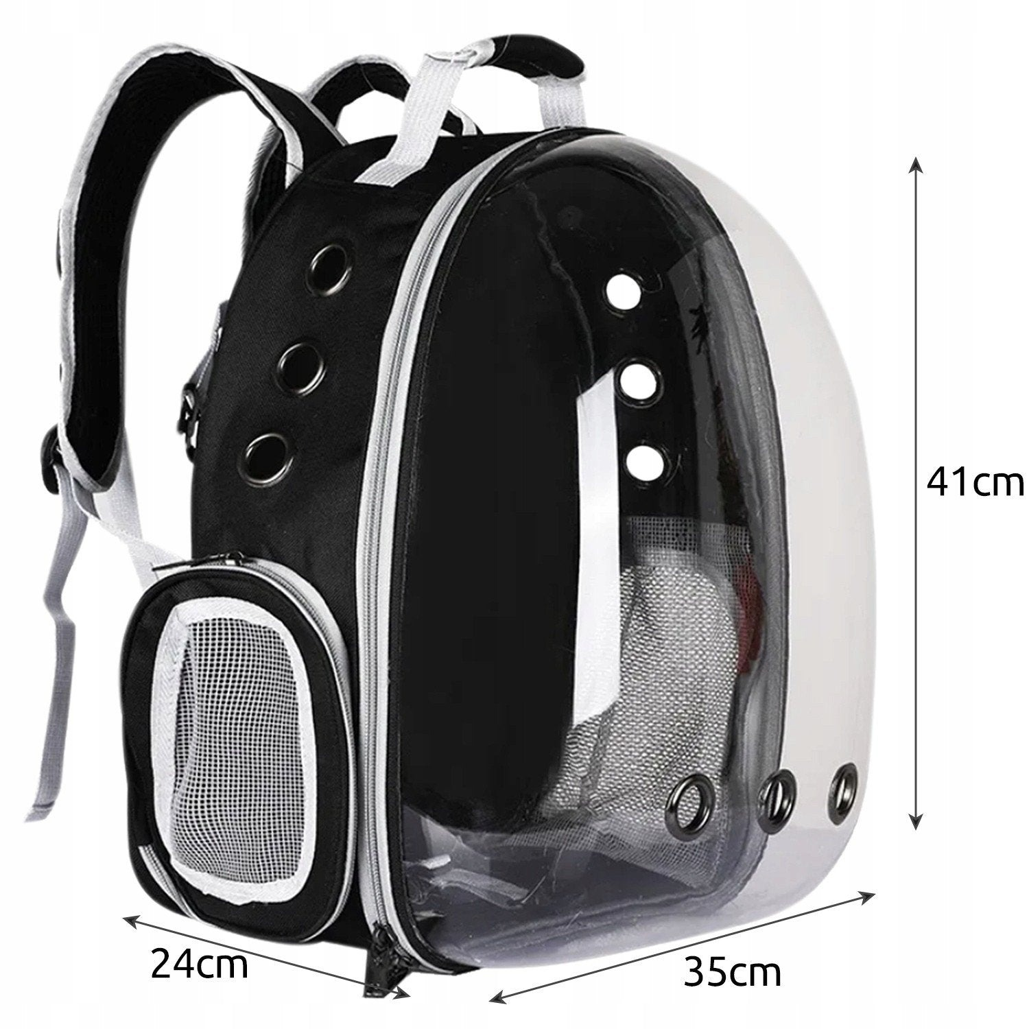 Mochila transportadora para mascotas en blanco y negro con burbuja transparente al frente. Mide 41cm x 35cm x 24cm. Tiene un bolsillo de malla.