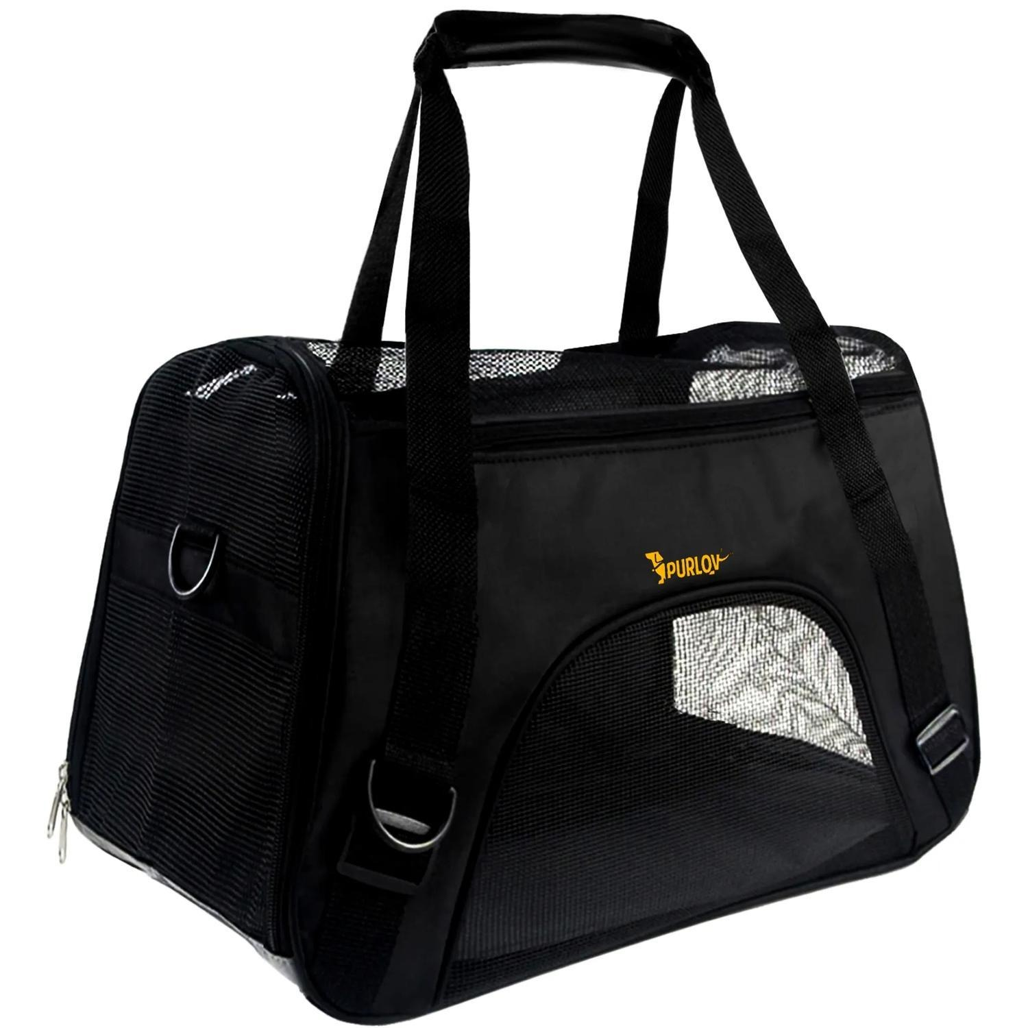 Un transportín negro para mascotas con ventanas de malla, un asa superior y correas para el hombro. Tiene un logotipo 'Purlov'.