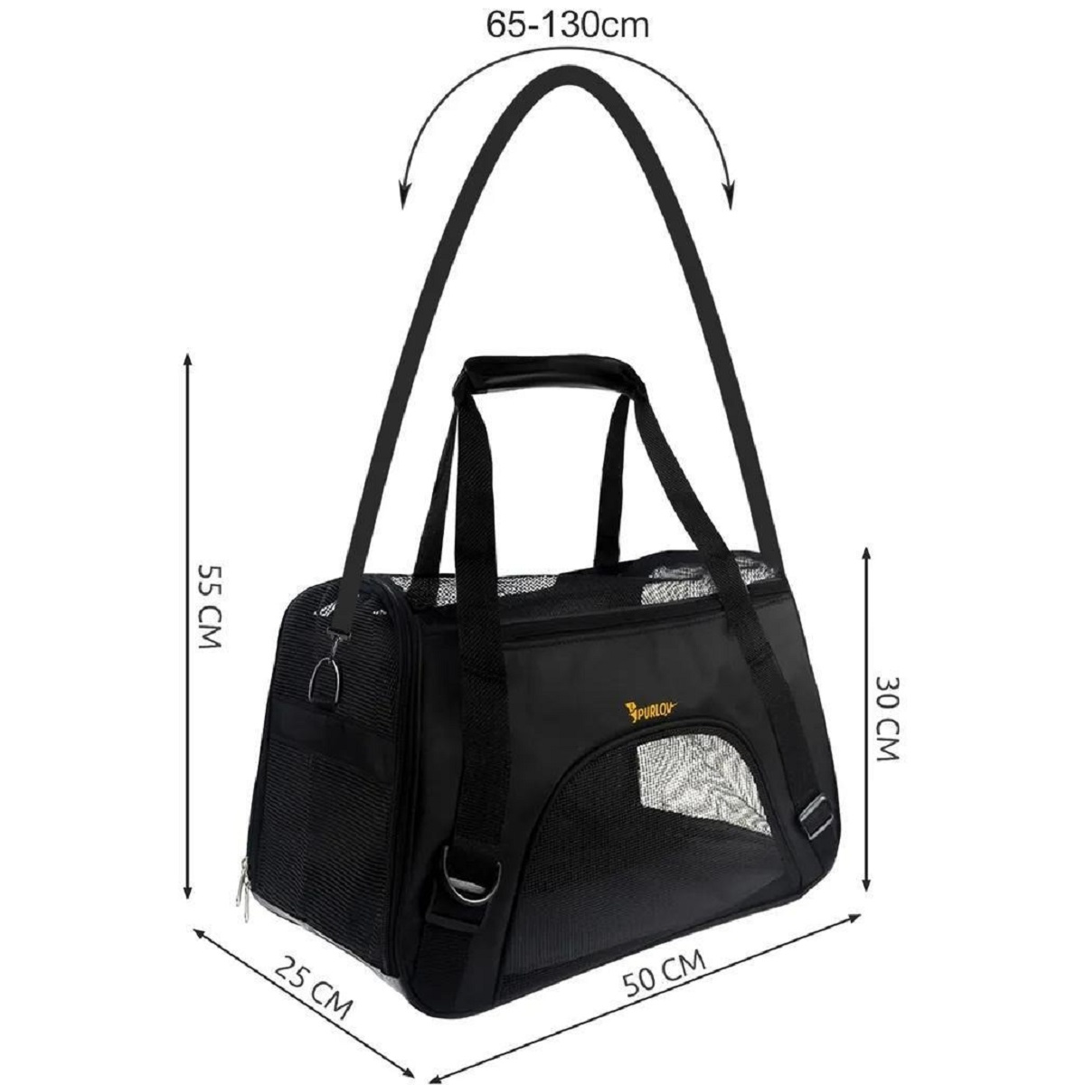 Transportín negro para mascotas con dimensiones mostradas. Tiene una correa para el hombro y un asa. El transportín tiene ventanas de malla y cremallera.