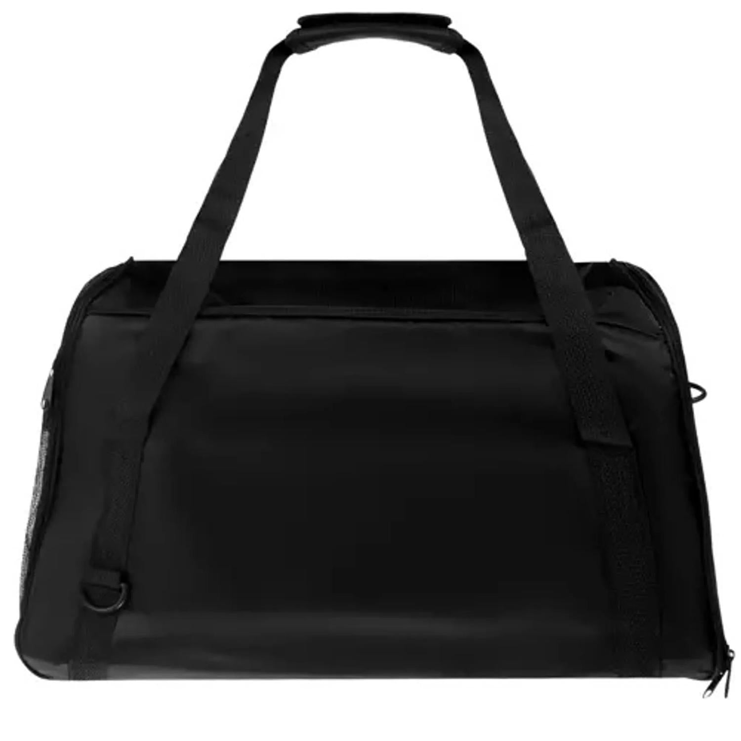 Una bolsa negra para mascotas con asas y una correa para el hombro, sobre un fondo blanco.
