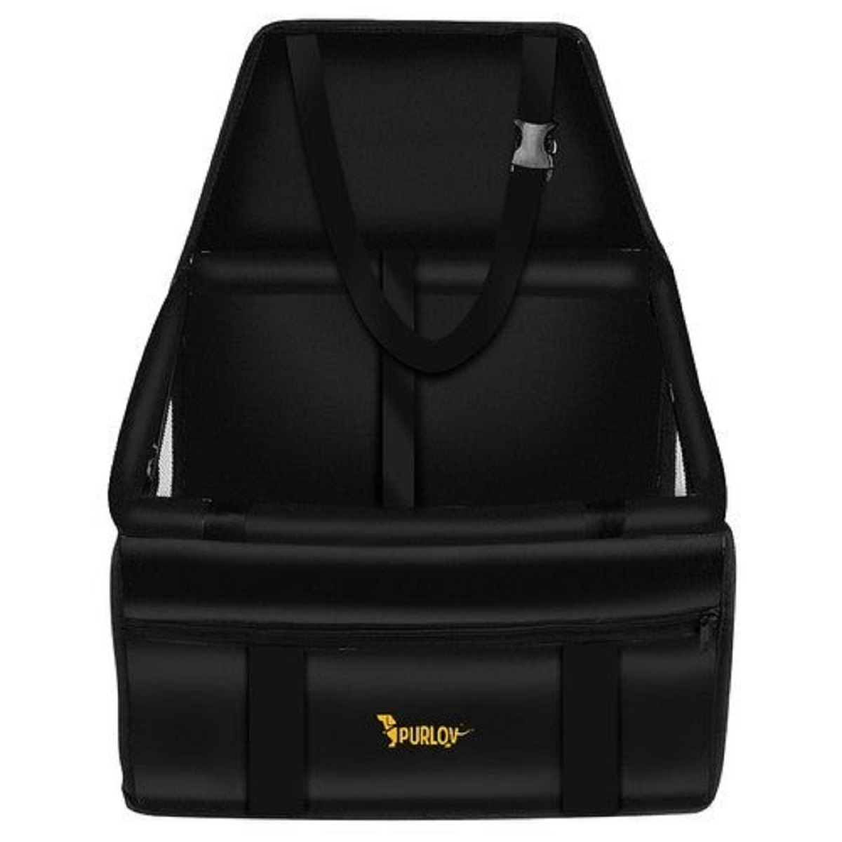 Un asiento de coche negro para mascotas. Tiene cinturón de seguridad, bolsillo y la marca 'Purlou'. El asiento está sobre fondo blanco.