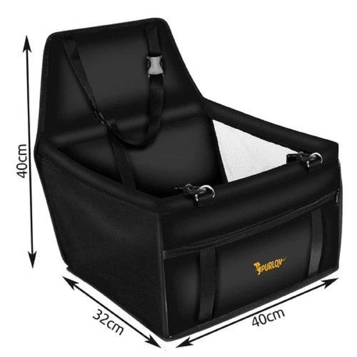 Asiento de coche para perros negro, 40x32x40cm, con correas y hebilla. Malla blanca en el lateral. Logotipo 'PURLOV' amarillo.