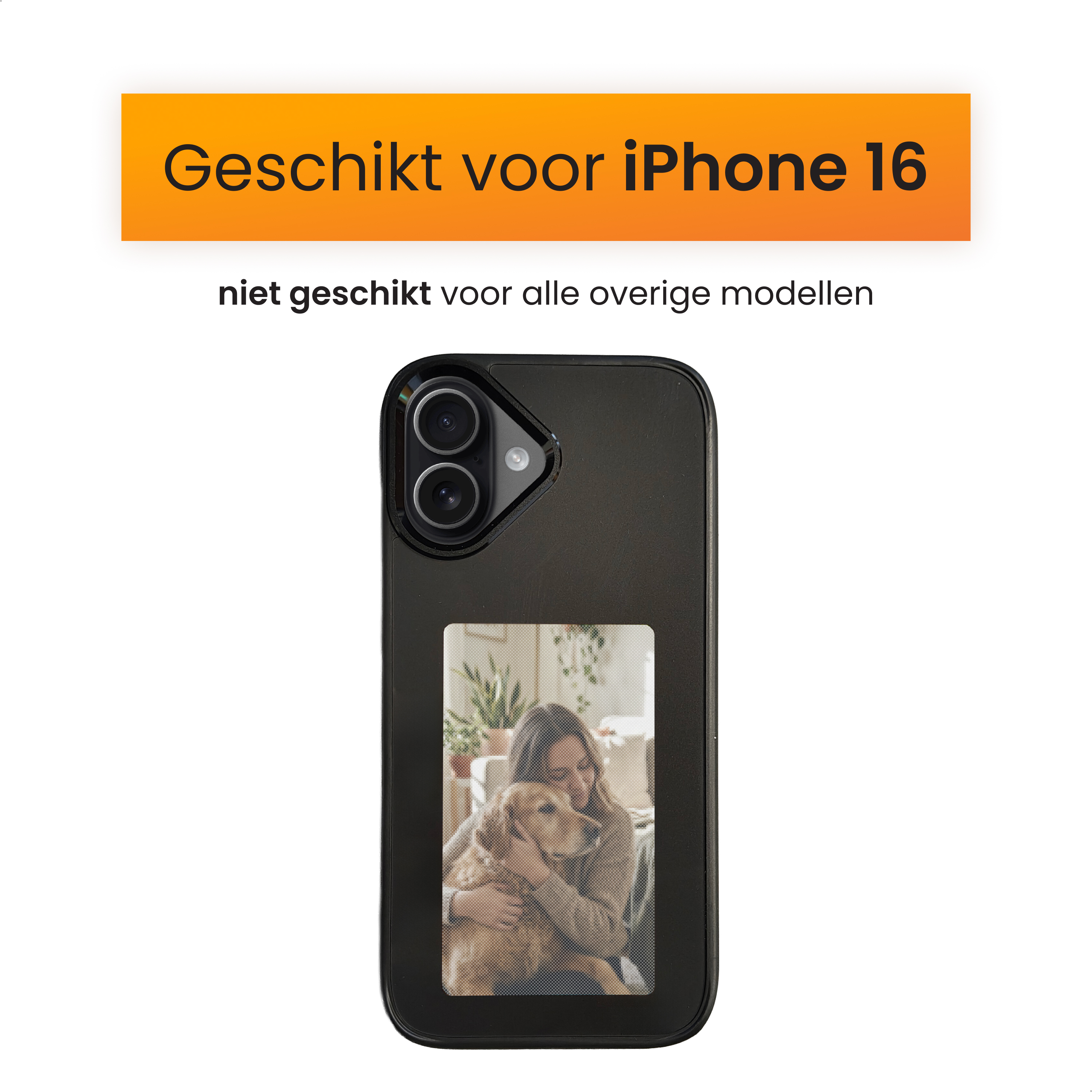Coque de téléphone noire avec photo d'une femme et d'un chien. Texte en haut : 'Convient pour iPhone 16'.