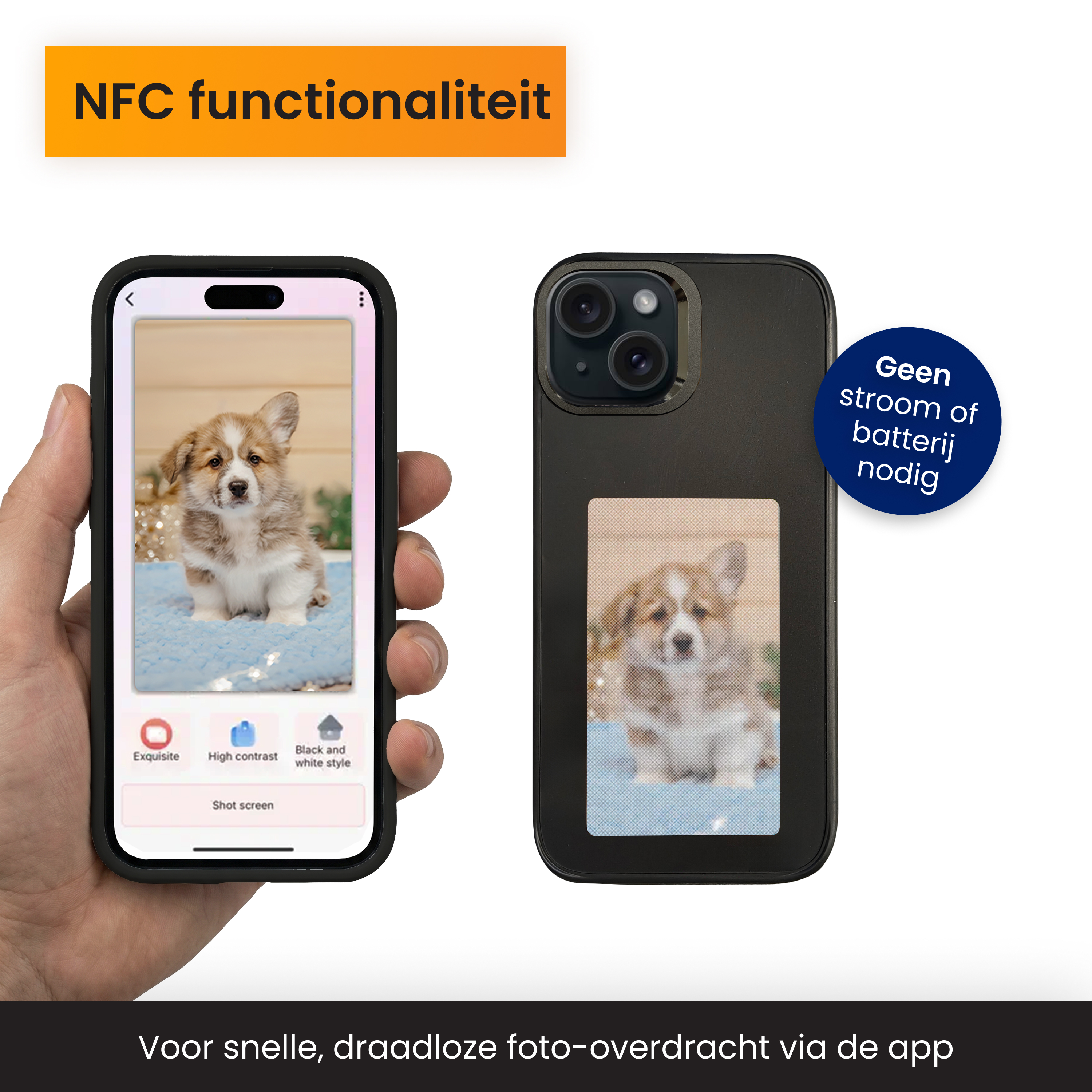 Eine Hand hält ein Telefon mit einem Welpenfoto. Auf der rechten Seite befindet sich eine Hülle mit demselben Foto.