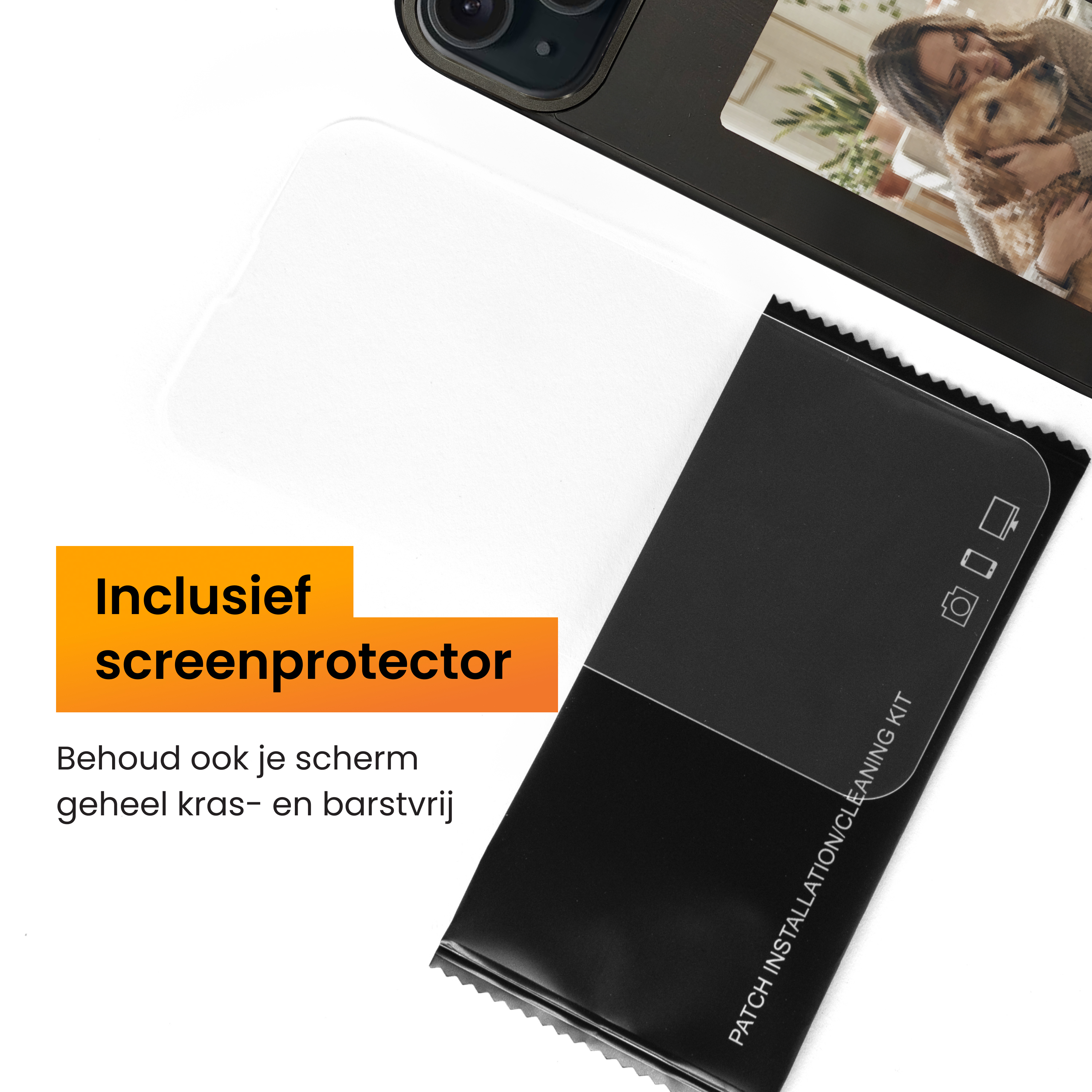 The image shows a phone, screen protector, and cleaning kit. Text reads 'screen protector' and other Dutch text.