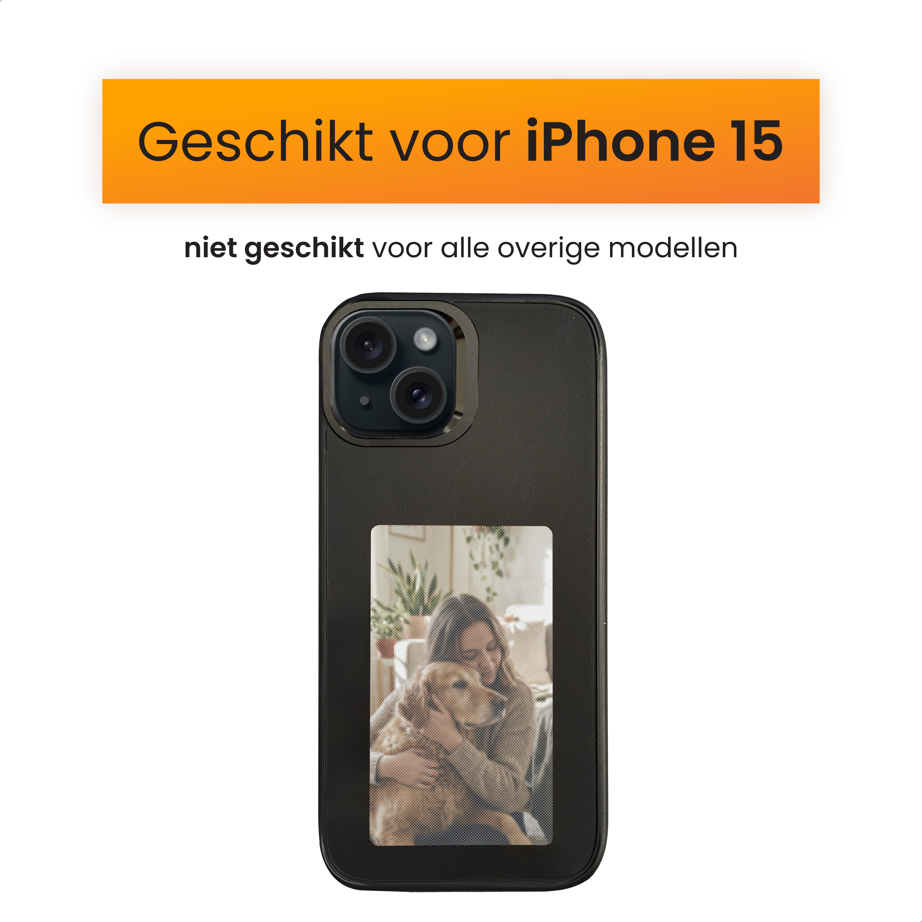 Black phone case with a photo of a woman and a dog. Text at the top says 'Suitable for iPhone 15'.
