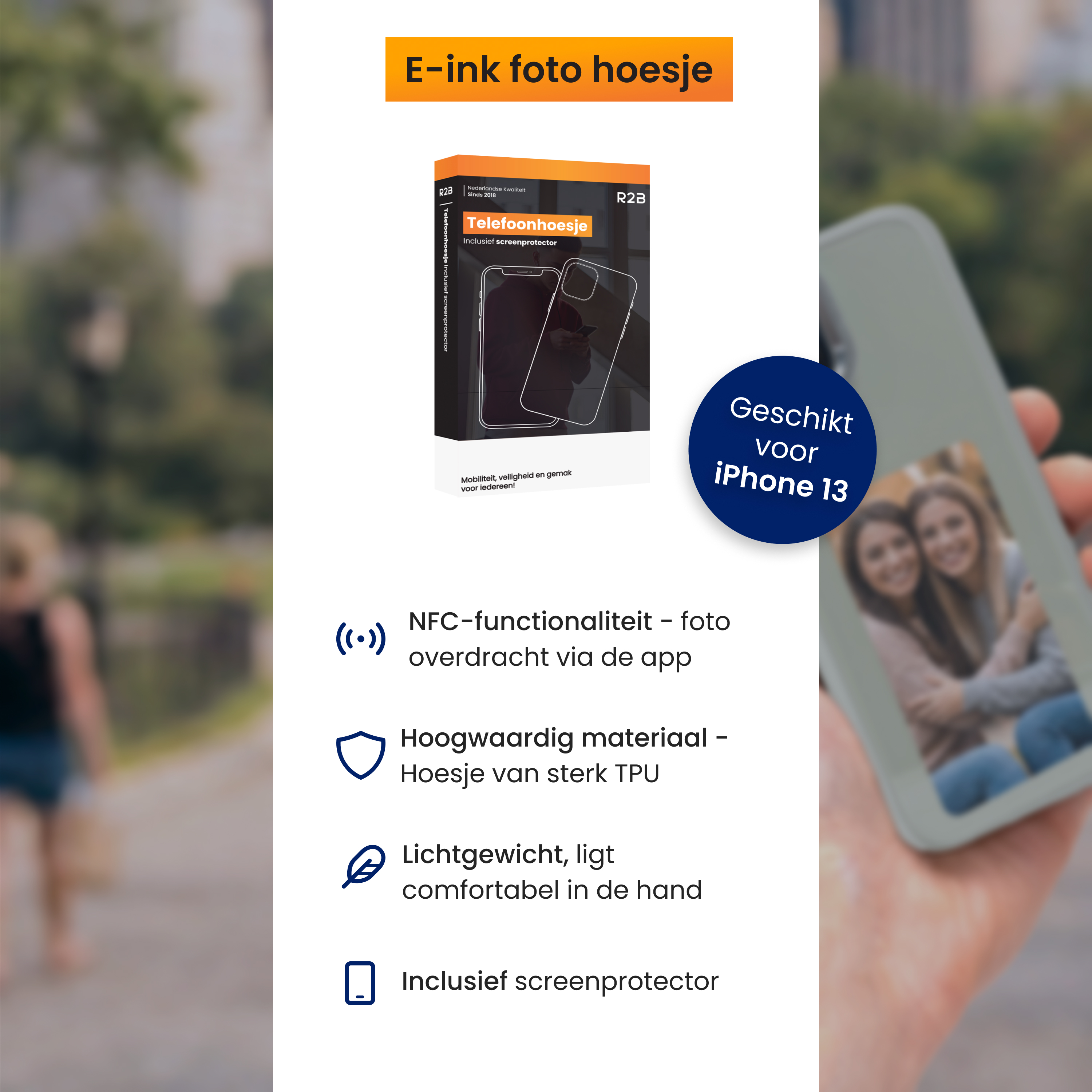 Ein Handycase mit einem Bild von zwei Frauen wird gehalten. Text enthält "E-ink foto hoesje" und andere Funktionen.