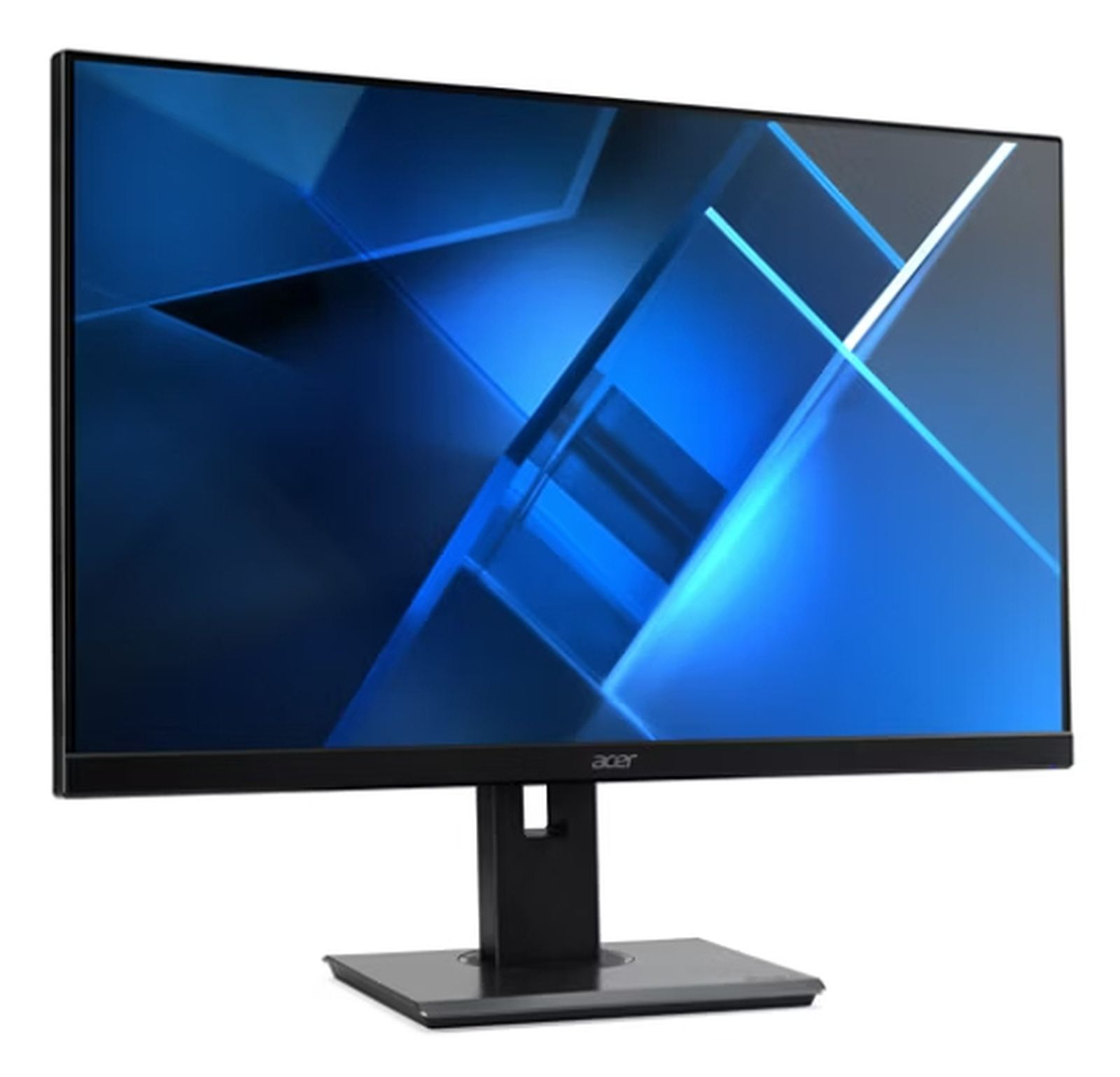 Monitor komputerowy z niebieskim geometrycznym wzorem na ekranie, czarną ramką i czarną podstawą. Logo Acer na dole.