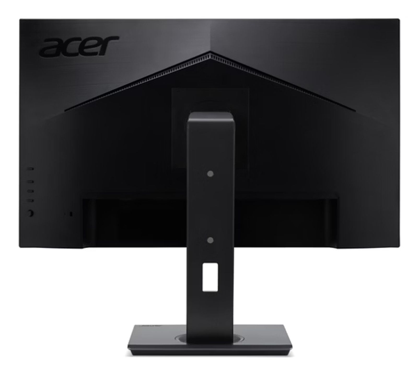 Widok z tyłu czarnego monitora Acer. Logo Acer jest widoczne. Monitor jest wspierany przez podstawkę na białym tle.