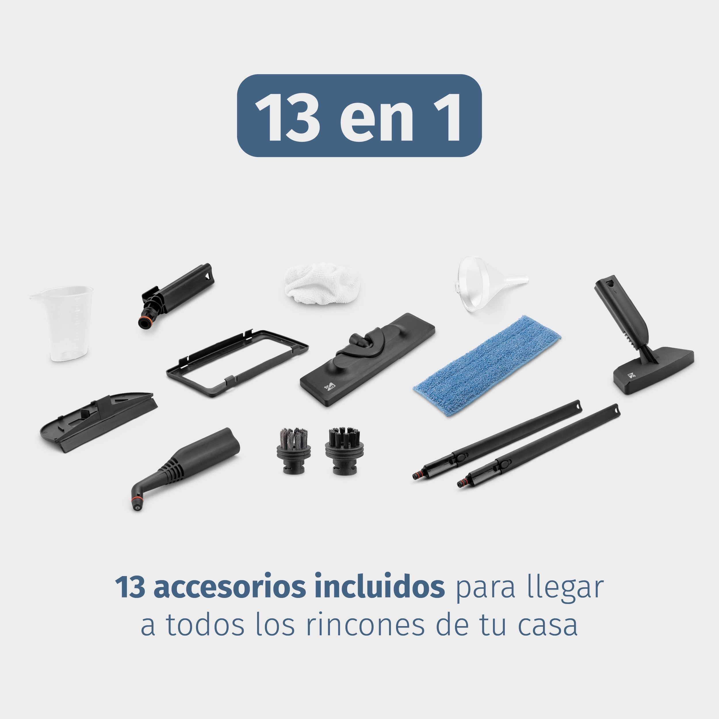 Imagen con 13 accesorios de limpieza. Incluye un recipiente blanco, almohadilla azul y accesorios negros.