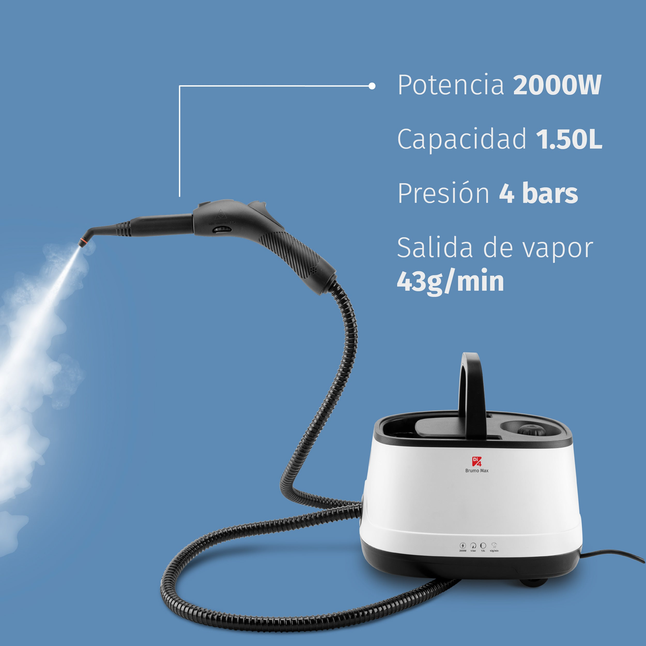 Una vaporeta blanca y negra con vapor saliendo de la boquilla. Fondo azul con especificaciones.