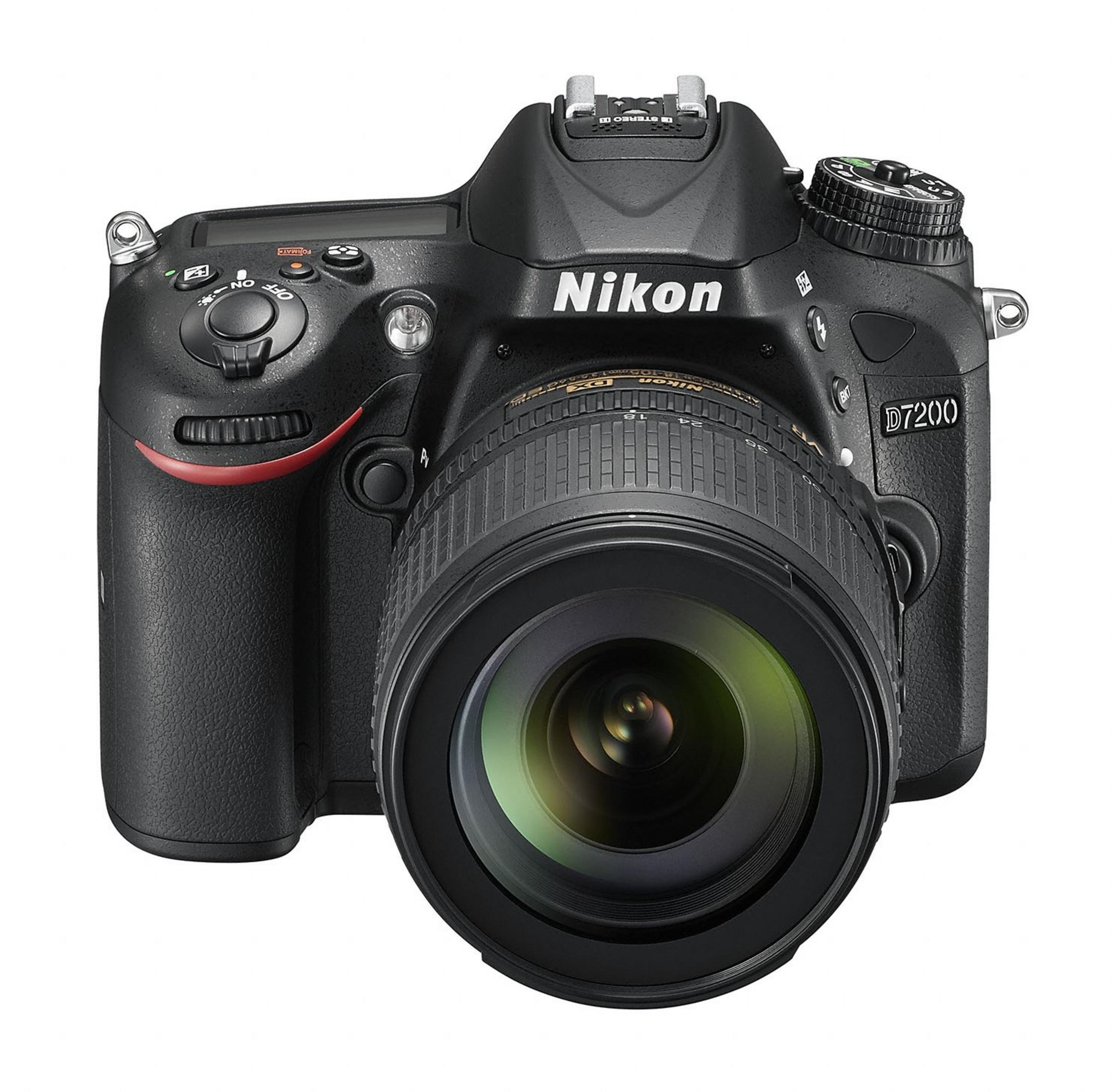 Una cámara DSLR negra Nikon D7200 con lente. Tiene botones, diales y un acento rojo.