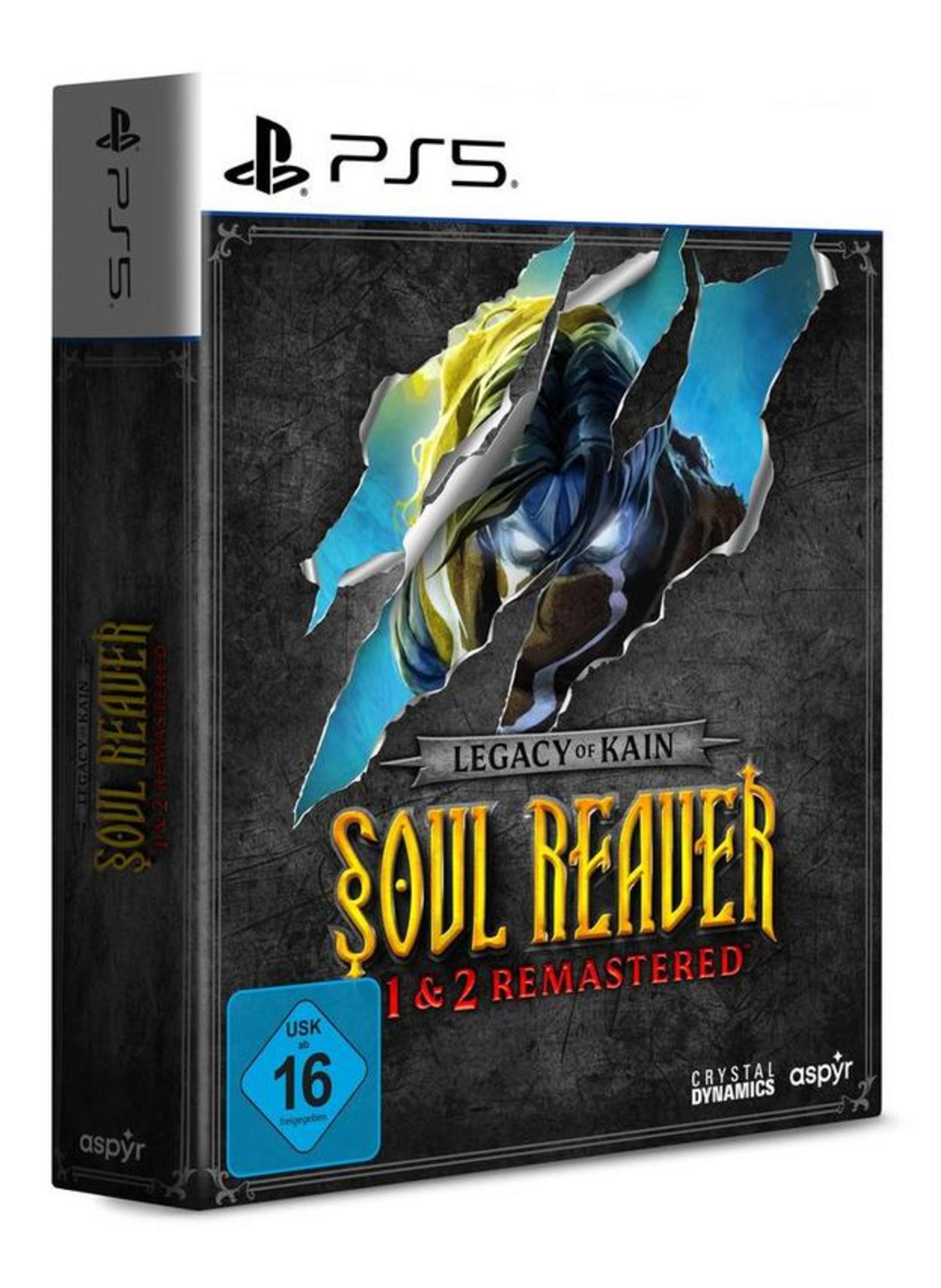 Spielbox für 'Soul Reaver 1 & 2 Remastered' auf PS5. Mit zerrissenem Papier, das Charakterkunst zeigt. USK 16 Bewertung.