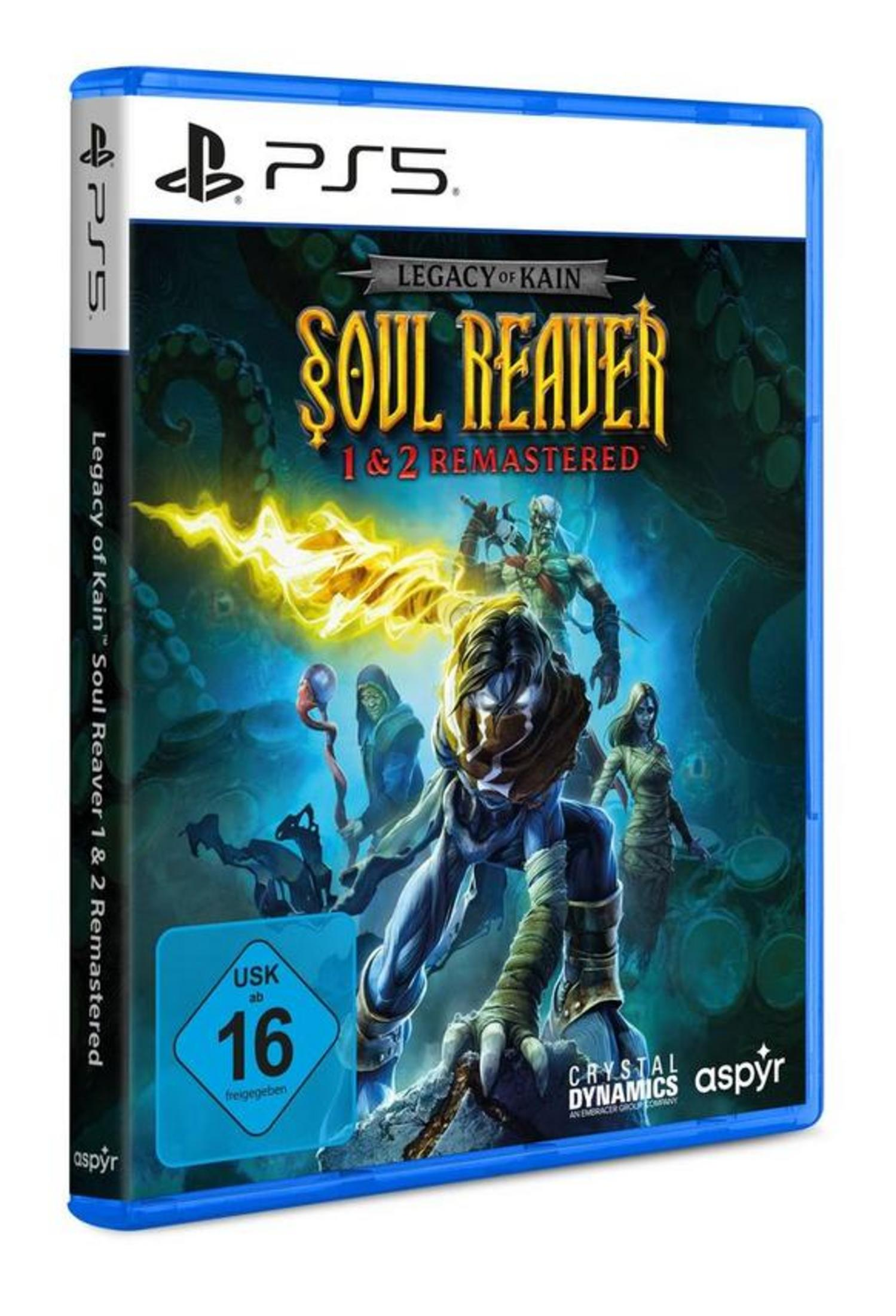 PS5-Spielbox für Legacy of Kain: Soul Reaver 1 & 2 Remastered. Das Cover zeigt Charakterkunst. Blaue Hülle mit weißen und blauen Details.