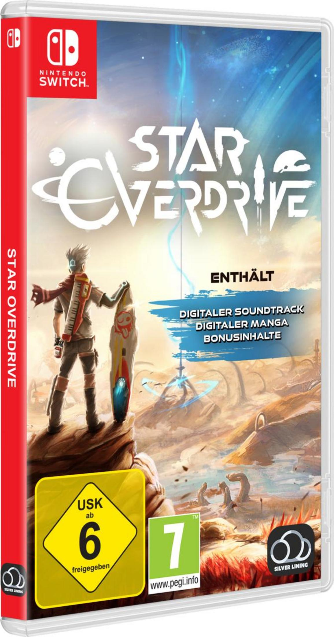 Spielbox-Art für Star Overdrive auf Nintendo Switch. Es zeigt eine Figur, die einen surfbrettartigen Gegenstand auf einer felsigen Landschaft hält.