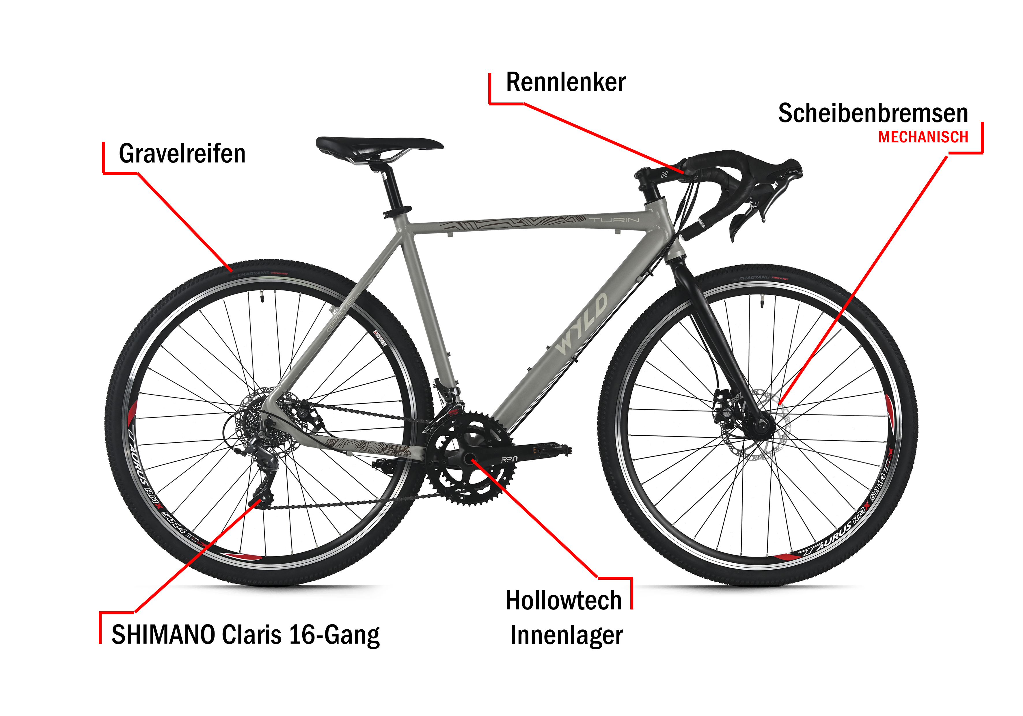 Graues Gravelbike mit schwarzen Reifen, Scheibenbremsen und Rennlenker. Beschriftung zeigt Shimano-Komponenten.