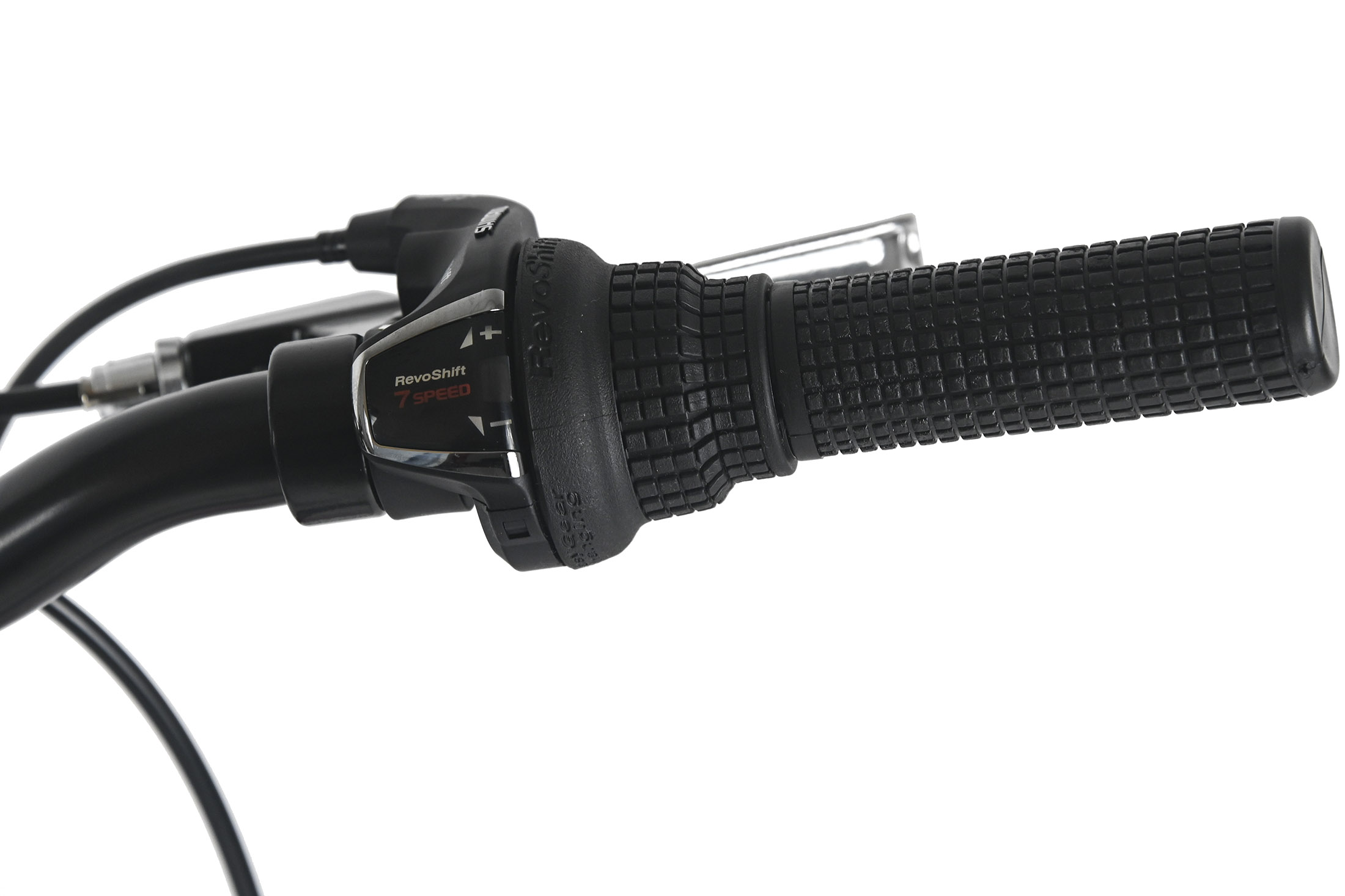 Nahaufnahme eines Fahrradlenkers. Schwarzer Griff mit strukturierter Oberfläche, RevoShift-Ganganzeige und Bremshebel.