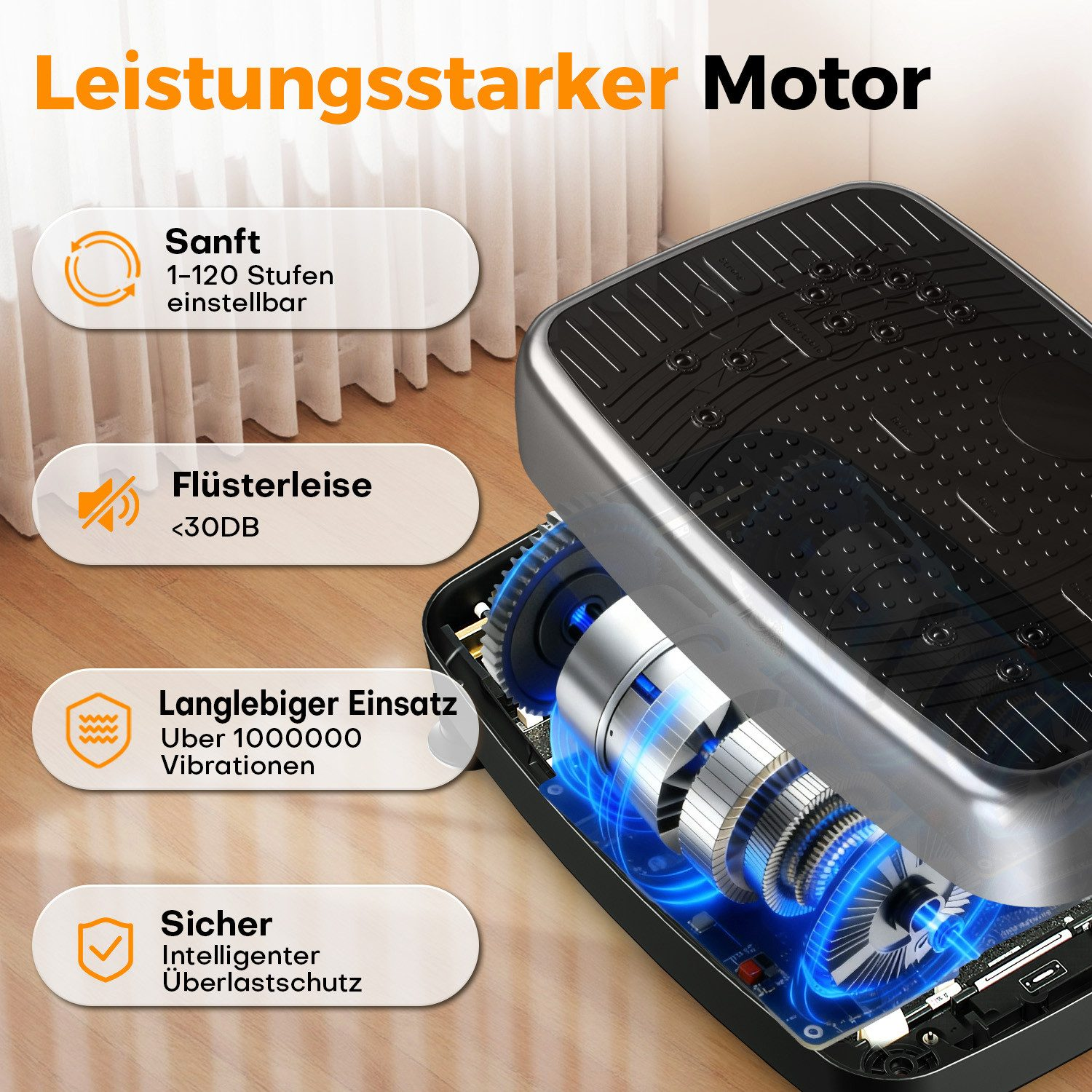Illustration einer Vibrationsplatte, die ihre Funktionen hervorhebt. Sie zeigt den Motor und Informationen zu seinen Funktionen und Sicherheit.