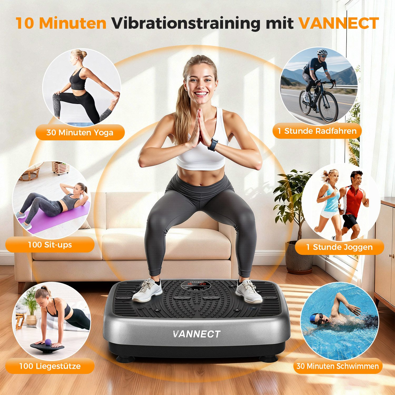 Eine Frau hockt sich auf eine Vibrationsplatte. Weitere kreisförmige Bilder zeigen Yoga, Radfahren, Sit-ups, Liegestütze, Joggen und Schwimmen.