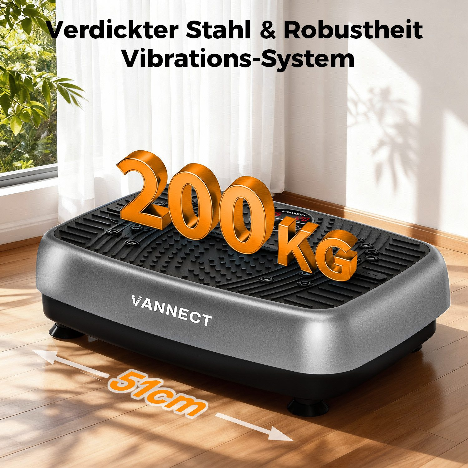 Eine graue Vibrationsplatte mit der Aufschrift '200kg' und '51cm'. Die Marke ist 'VANNECT'.