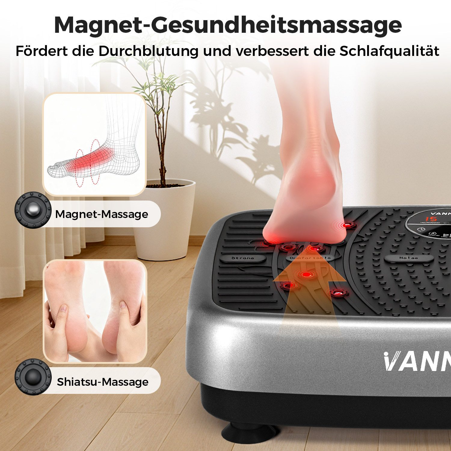 Ein Fuß auf einer Massagemaschine. Das Bild zeigt Diagramme zur Fußmassage und Shiatsu-Massage. Text auf Deutsch bewirbt Gesundheit.