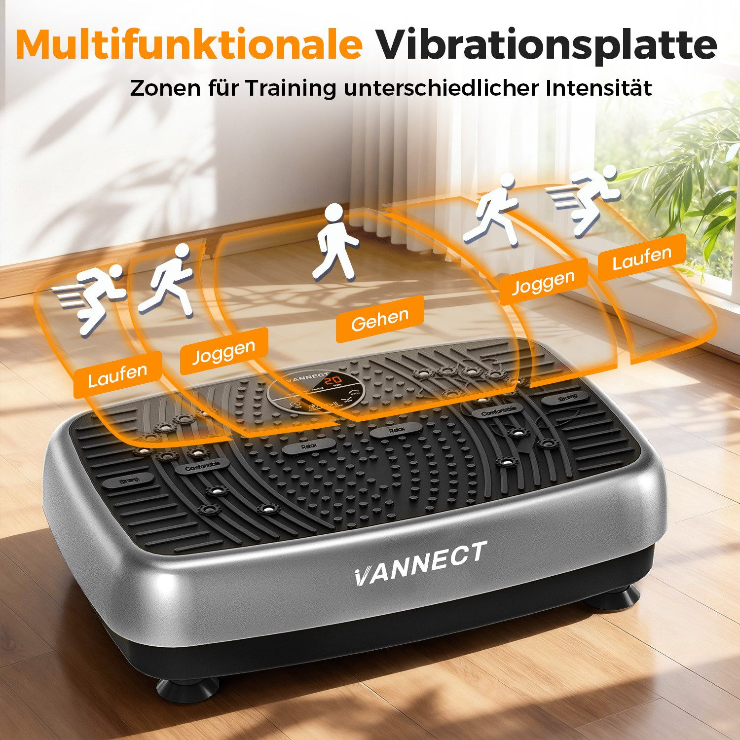 Eine Vibrationsplatte mit Aktionszonen (Laufen, Joggen, Gehen). Sie hat eine digitale Anzeige und Steuertasten. Die Marke ist VANNECT.