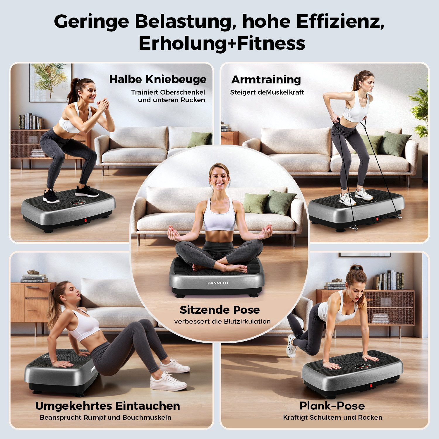 Das Bild zeigt Fitnessübungen mit einer Vibrationsplatte. Frauen demonstrieren verschiedene Übungen wie Kniebeugen, Armtraining und Plank-Posen.