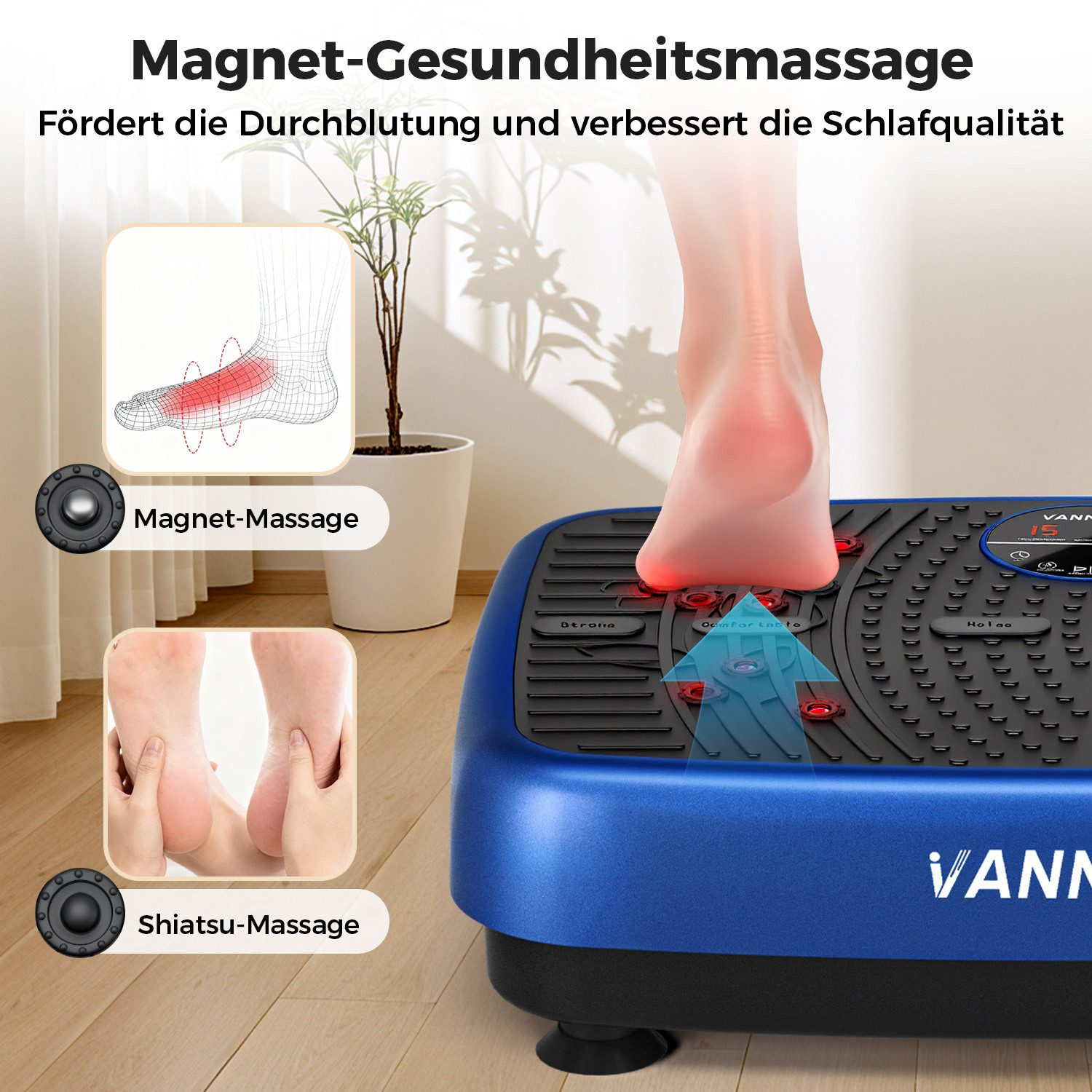 Ein Fuß auf einer blauen Massagegerät. Illustrationen zeigen Fußdiagramme und Handmassagen. Text bewirbt gesundheitliche Vorteile und hebt Magnet- und Shiatsu-Massage hervor.