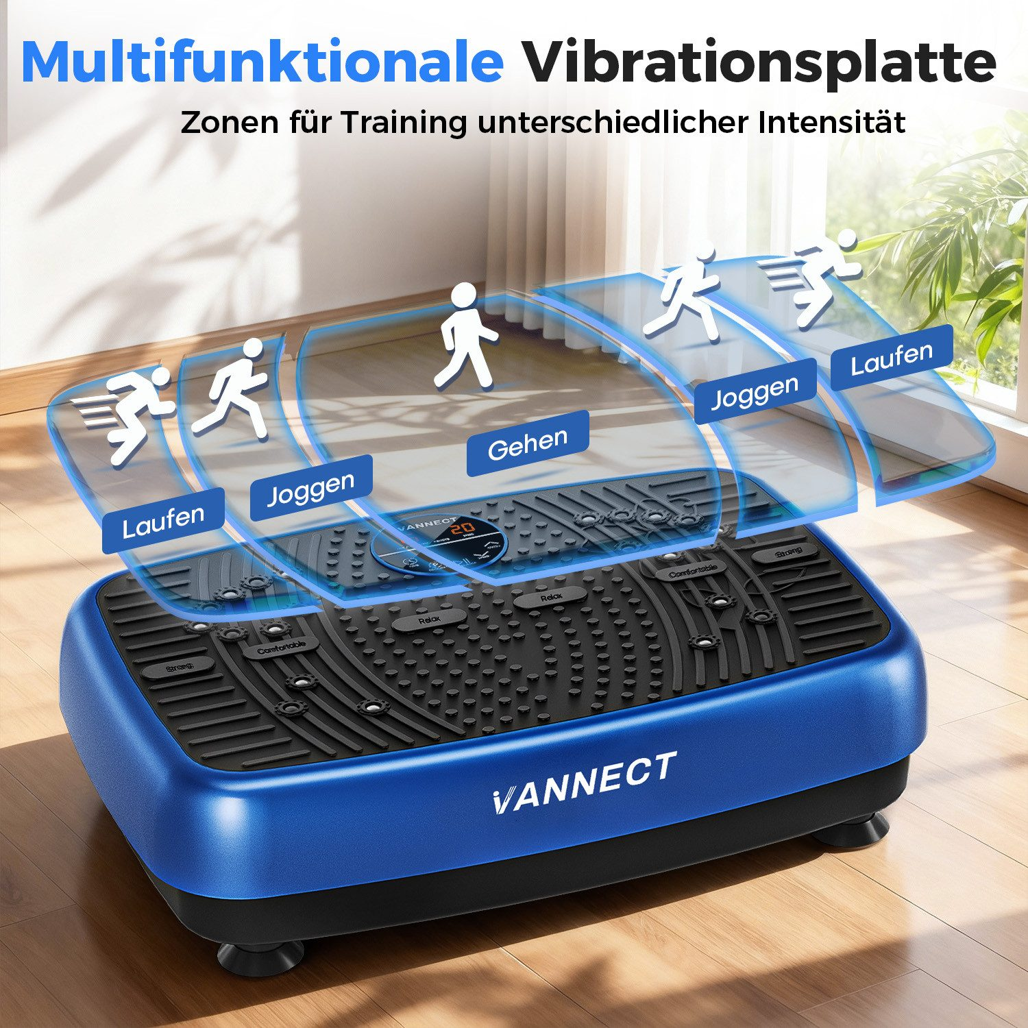Eine blau-schwarze Vibrationsplatte mit verschiedenen Trainingszonen, darunter Laufen, Joggen und Gehen, die auf der Platte markiert sind.