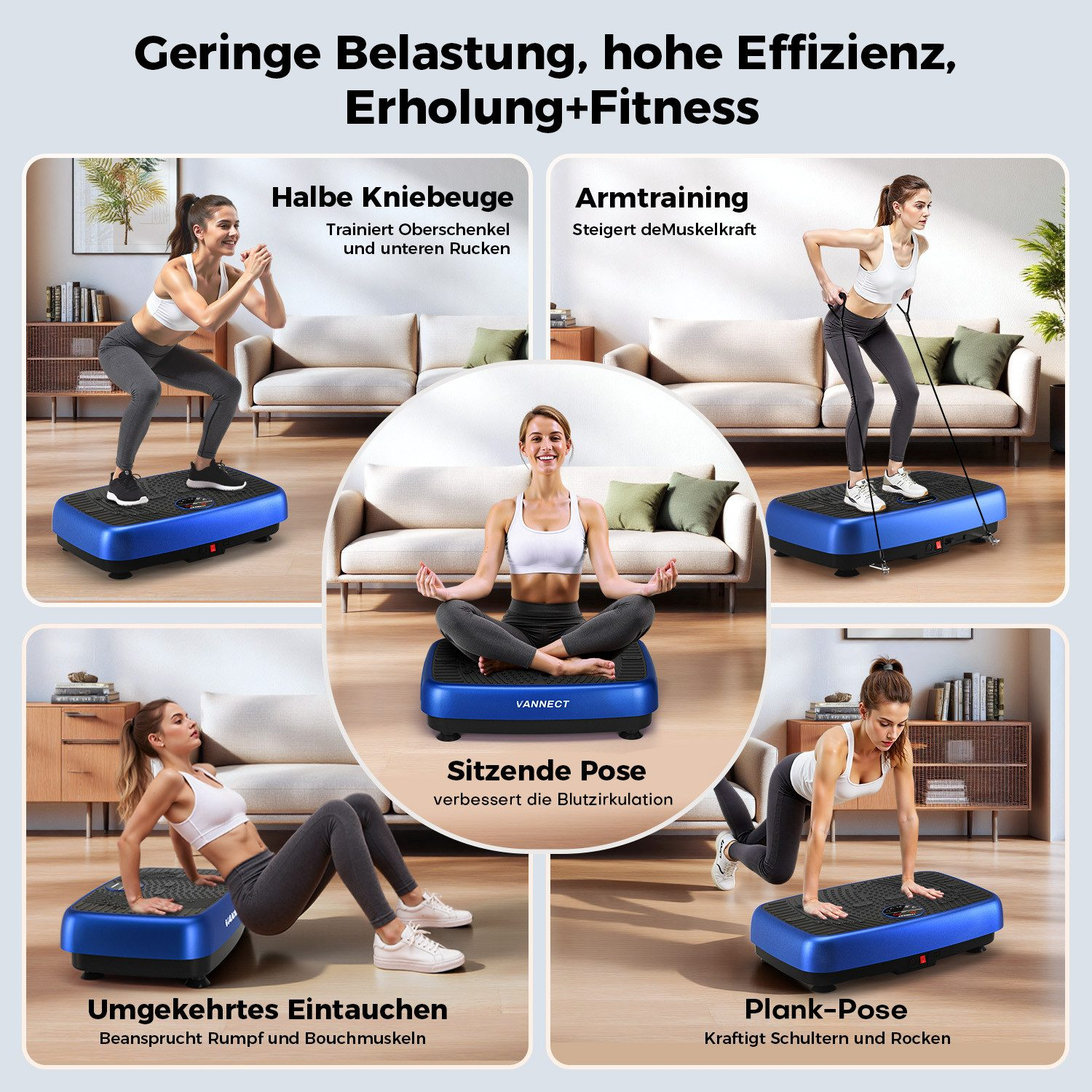 Das Bild zeigt Übungen auf einer blauen Plattform. Frauen machen Kniebeugen, Armübungen, Sitzen, umgekehrte Dips und Plank-Posen. Text beschreibt jede.