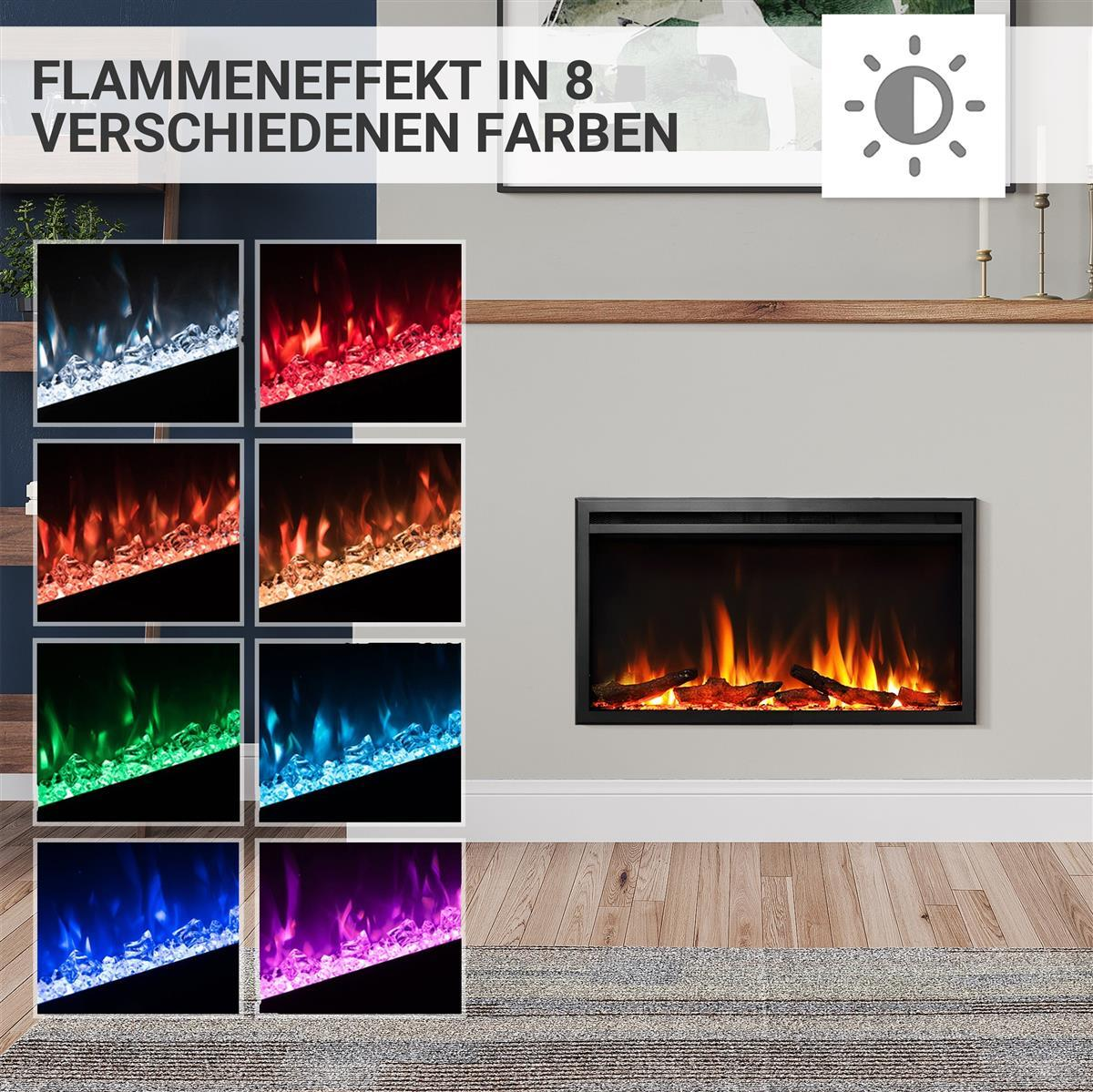Ein elektrischer Kamin mit Flammen, gezeigt in 8 Farben. Unten ein Teppich. Oben Text auf Deutsch. Der Kamin befindet sich in einer grauen Wand.