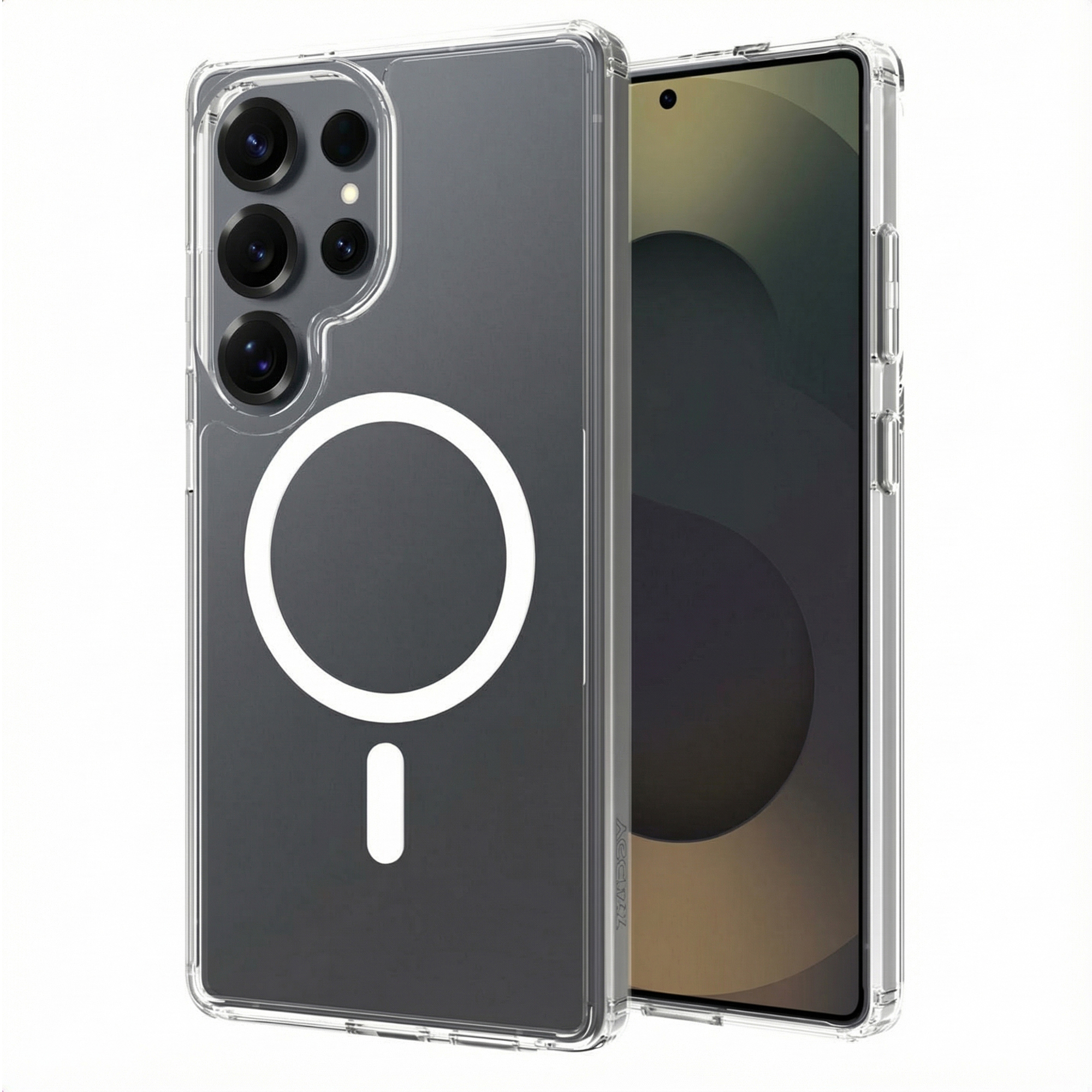 Coque de téléphone transparente avec un design circulaire blanc et un rectangle en dessous. Un téléphone est à côté.