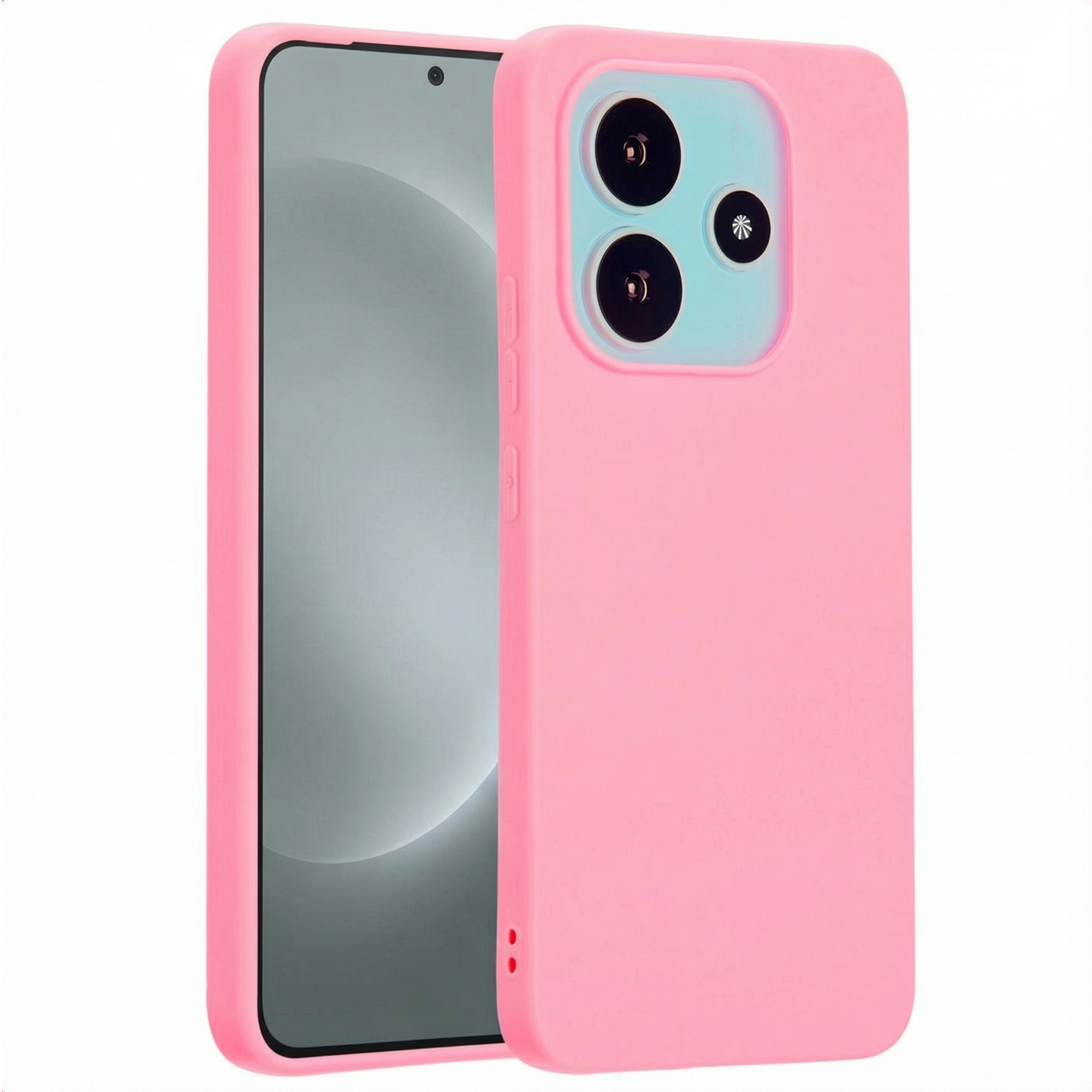 Roze telefoonhoesje met telefoon erin. De case heeft twee cameralenzen en staat op een witte achtergrond.