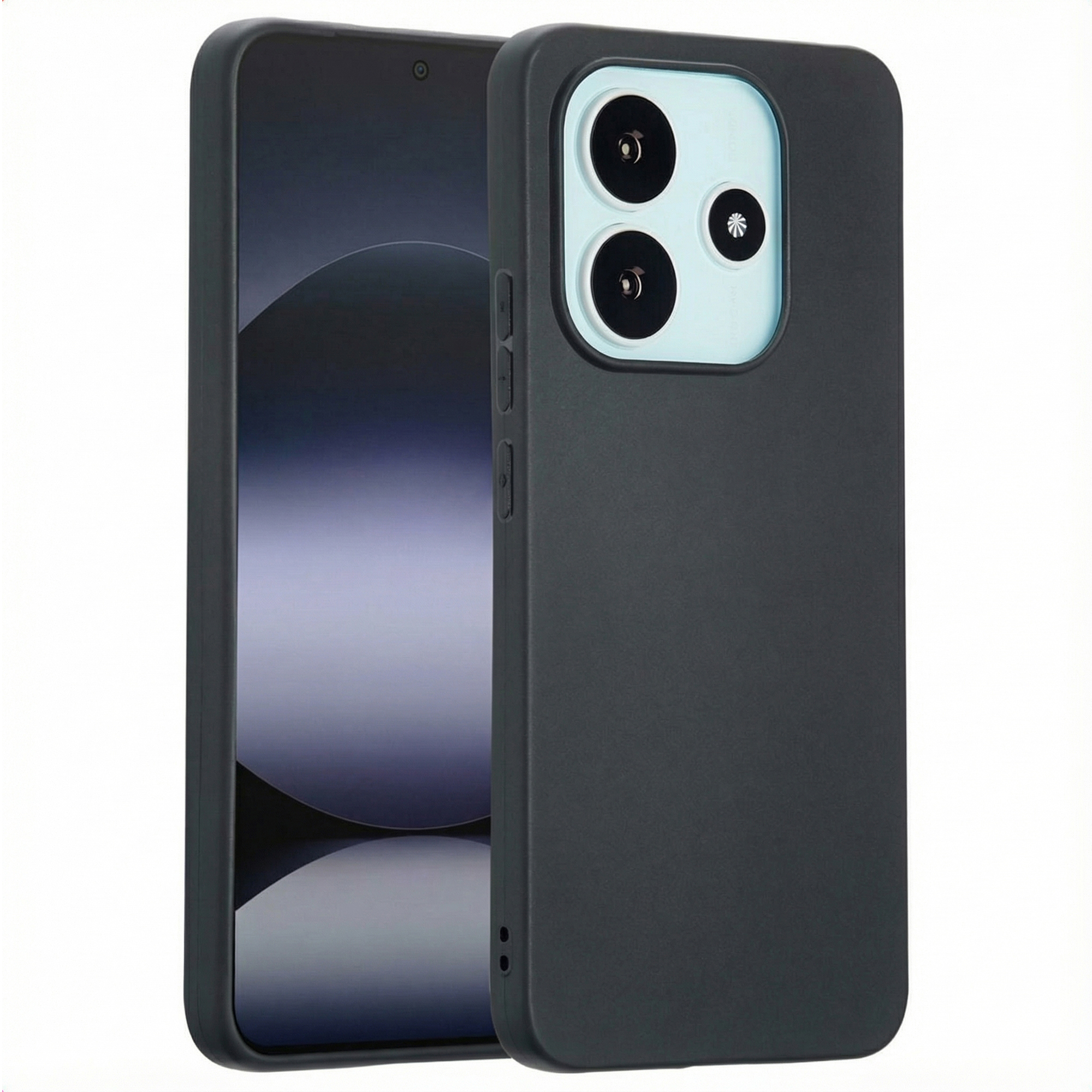 Coque de téléphone noire avec un téléphone. L'étui a trois lentilles de caméra. Fond blanc.
