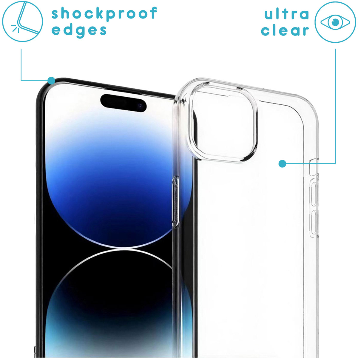 A clear phone case is shown, highlighting features like shockproof edges and ultra-clear visibility. A phone is partially visible inside.
