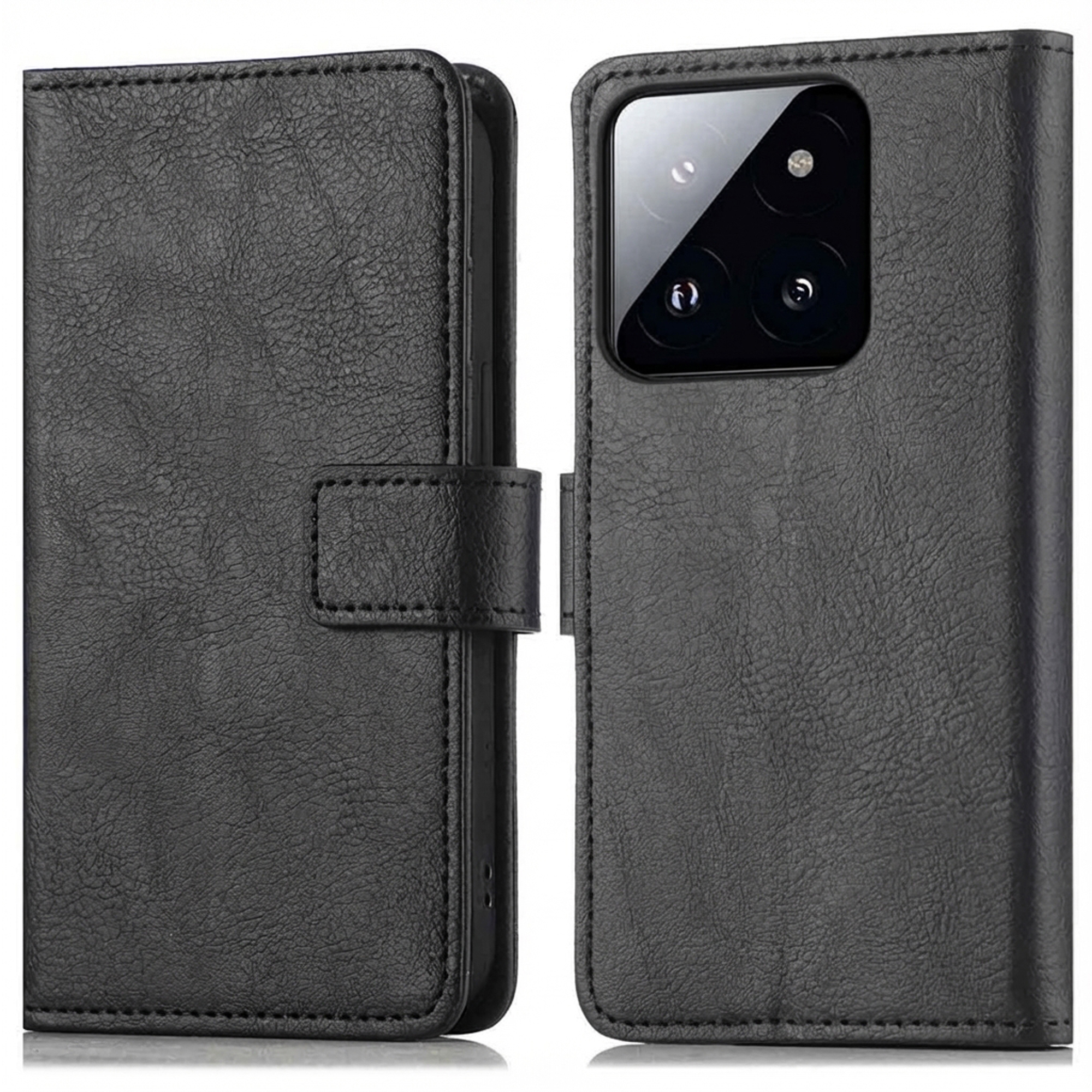Étui de téléphone en cuir noir, ouvert. Le côté droit montre le téléphone avec des lentilles de caméra. Le côté gauche est un rabat.