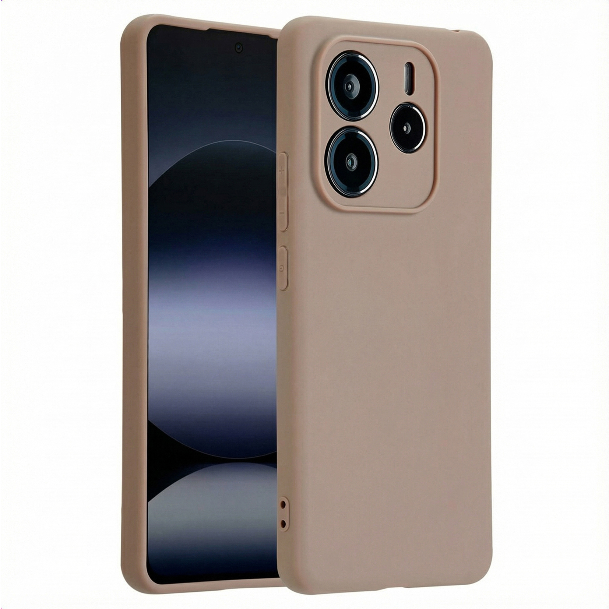 Un téléphone dans un étui beige. Le téléphone a un écran noir et trois lentilles de caméra.