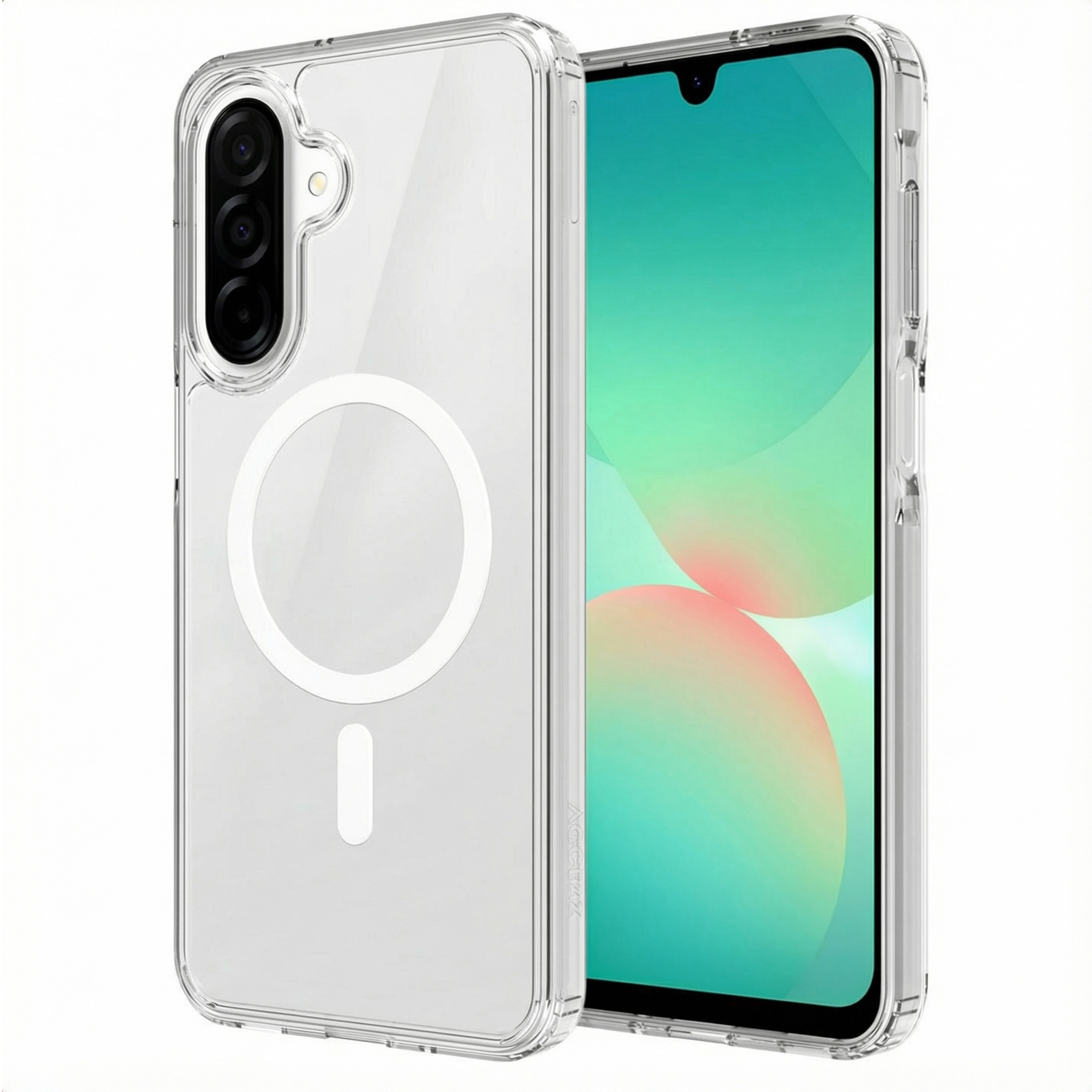 Custodia trasparente con telefono dentro. Il telefono ha schermo verde. Sfondo bianco.