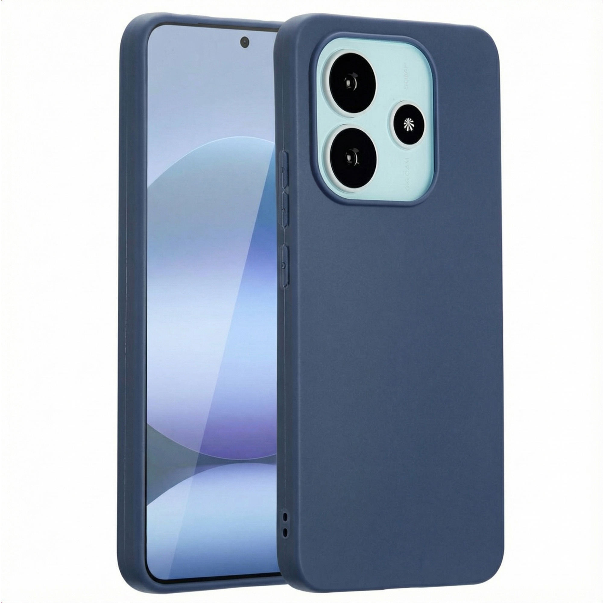 Deux coques de téléphone bleues, une avec le téléphone. Le téléphone a un écran. Les coques ont des trous pour la caméra.