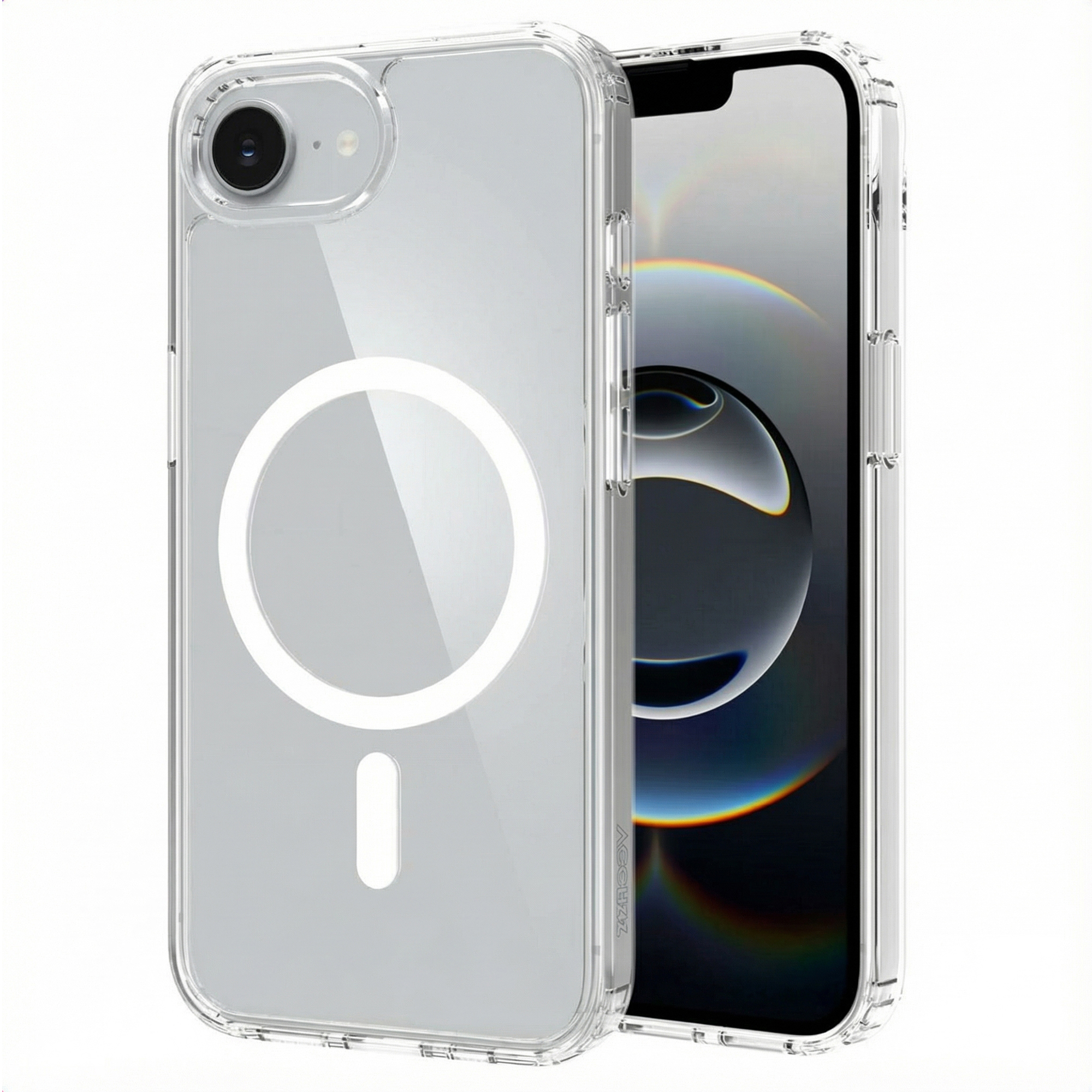 Transparante telefoonhoes met een wit cirkelvormig MagSafe-ontwerp. Er zit een telefoon in de hoes.