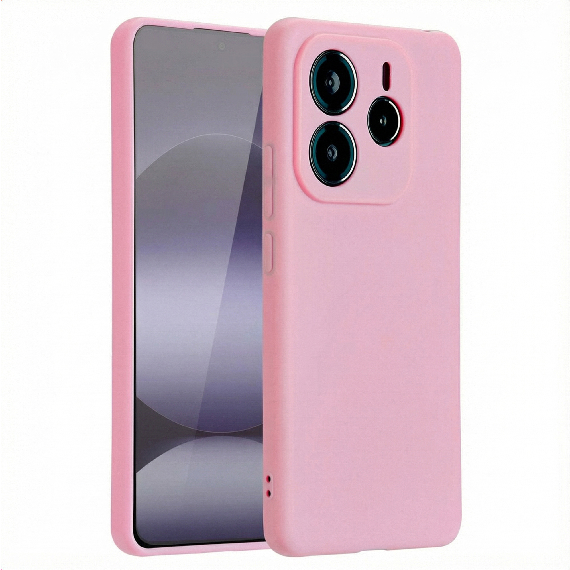 Een roze telefoon met roze hoesje op een witte achtergrond. De telefoon toont een scherm. De hoes heeft drie cameralaten.