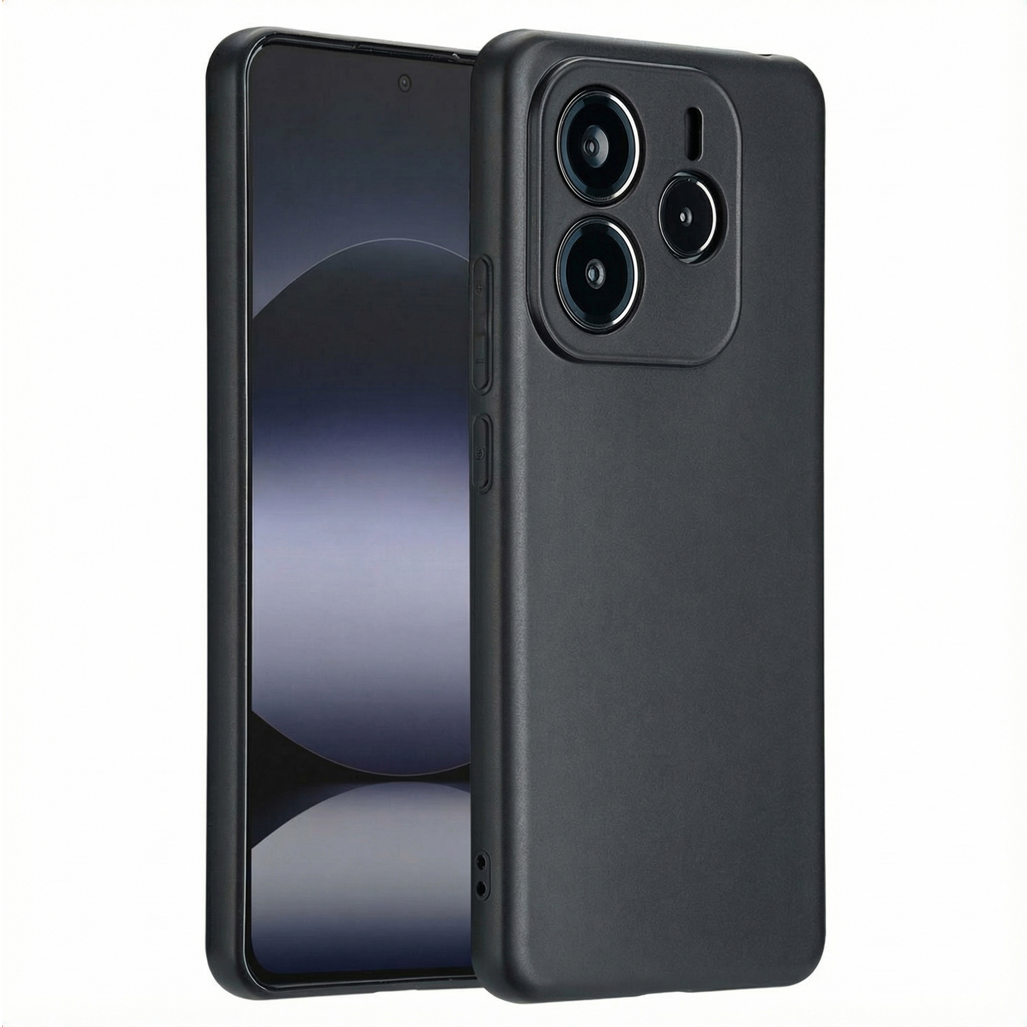 Un smartphone noir avec un étui noir. L'étui comporte trois objectifs. L'écran du téléphone est visible.